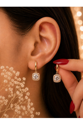 JEWELRY Premium Gold Kaplama Kare Zirkon Taşlı Şık Kadın Küpe