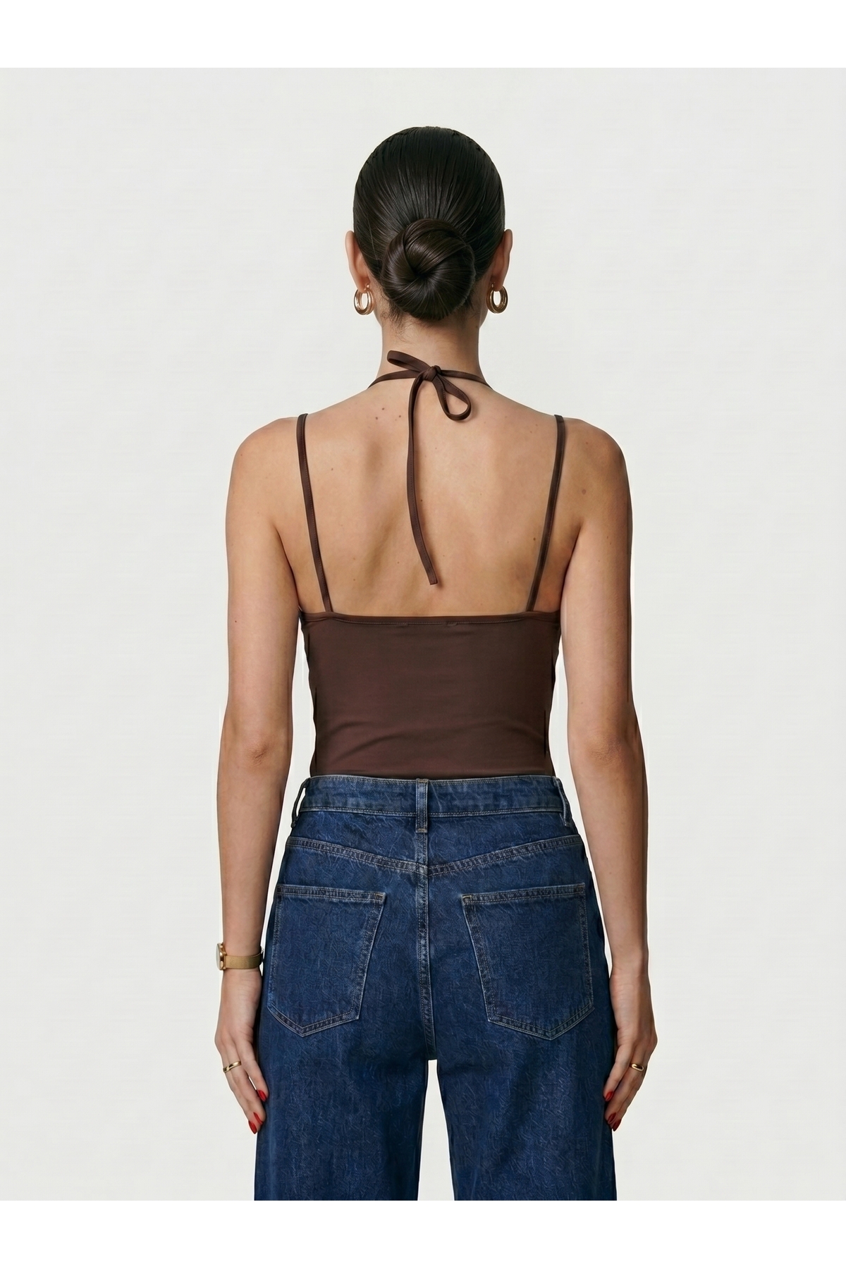 Kadın Dantel Yaka İnce Askılı Çıtçıtlı Body Slim Fit Dar Kalıp Likralı Bodysuit - Kahverengi 4