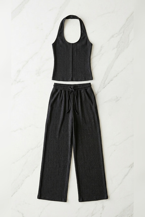 Seeba 5559 Halter Yaka Bürümcük İkili Takım - Geniş Paça Pantolon ve Crop Top...