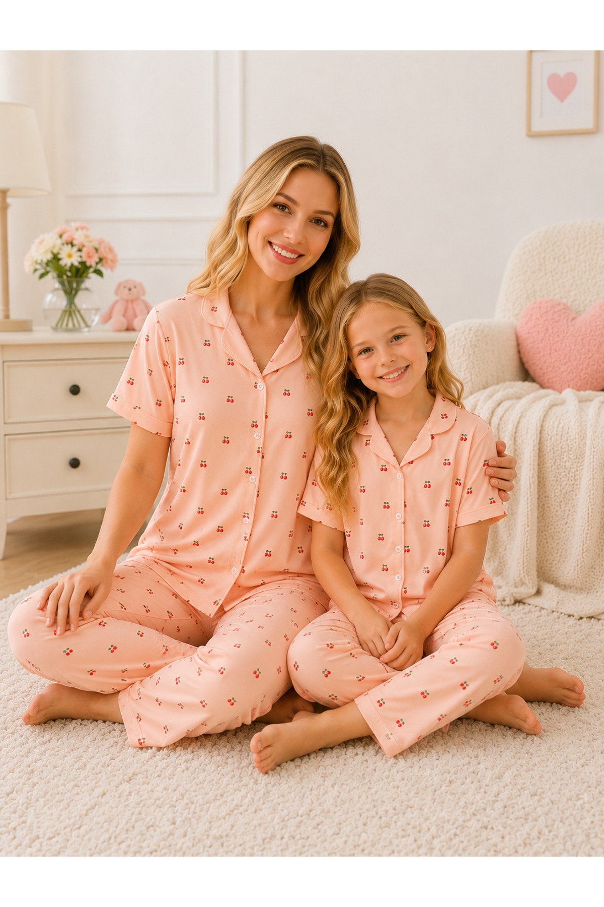 zahider Mother-Daughter Cotton Cherry Patterned Soft Summer Short-Sleeved Pajama Set (the Price Is for One Set)
