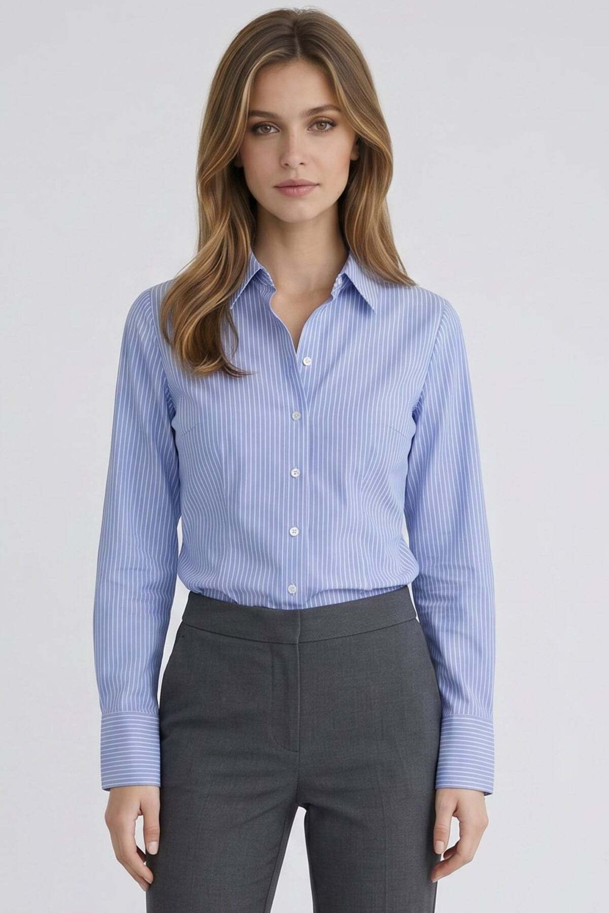 Women's Slim Fit Slim Fit Cotton Long Sleeve Striped Blue Women's Shirt