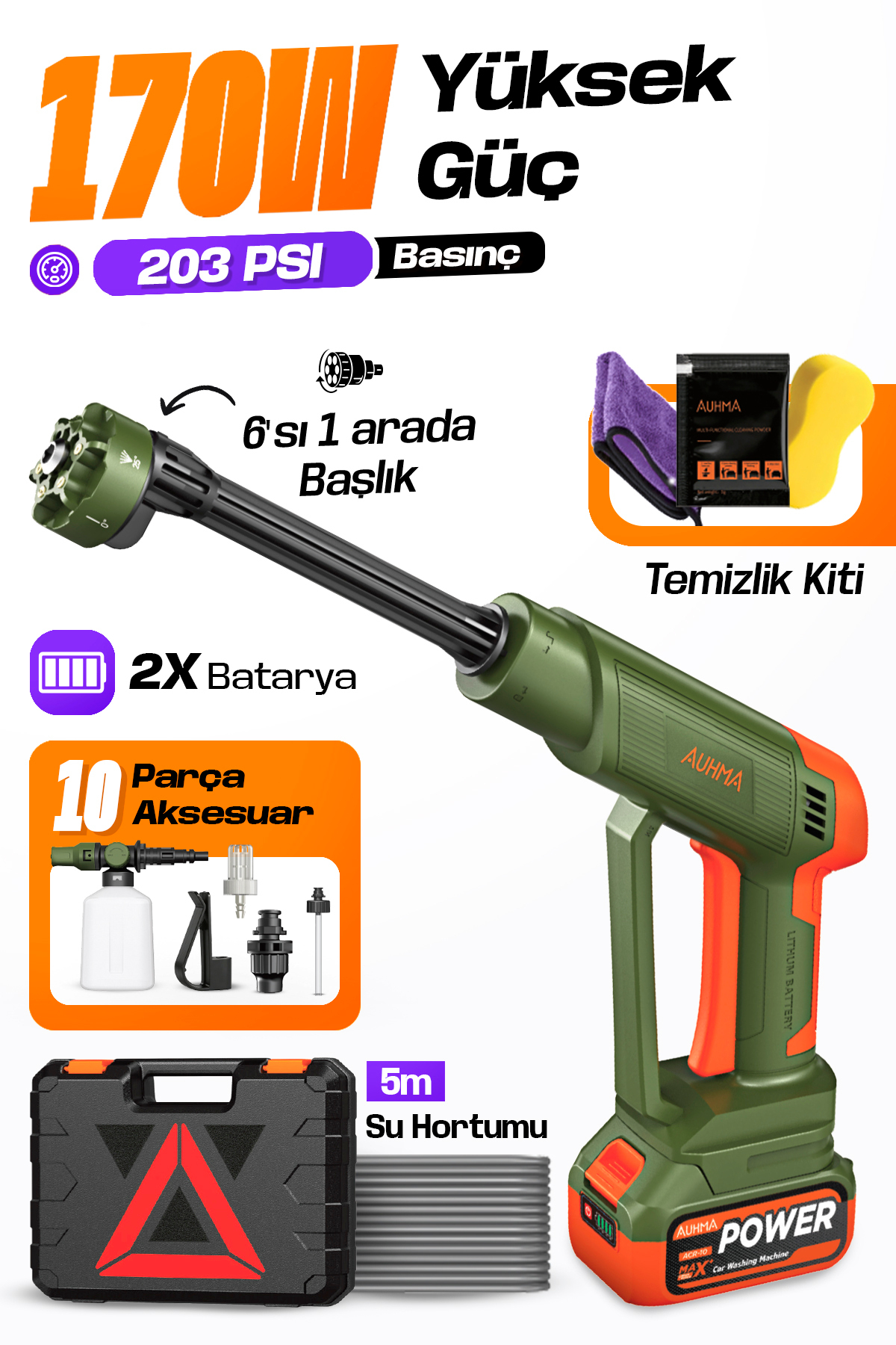auhma ACR-10 Şarjlı Araç Yıkama Makinesi Yeşil 203 PSI 170W Basınçlı Oto Yıka...