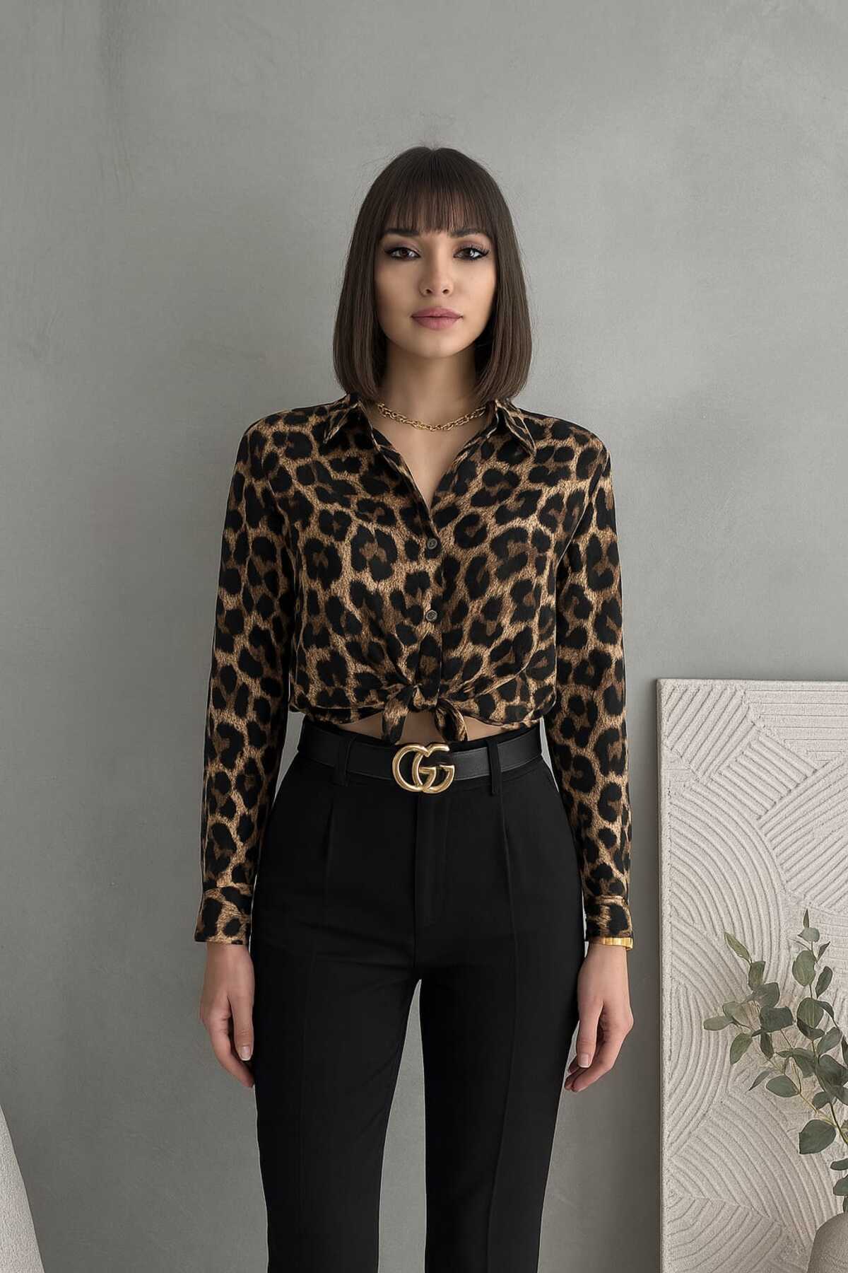 Maison La Femme Kadın Leopar Desen Uzun Kollu Gömlek görsel 2