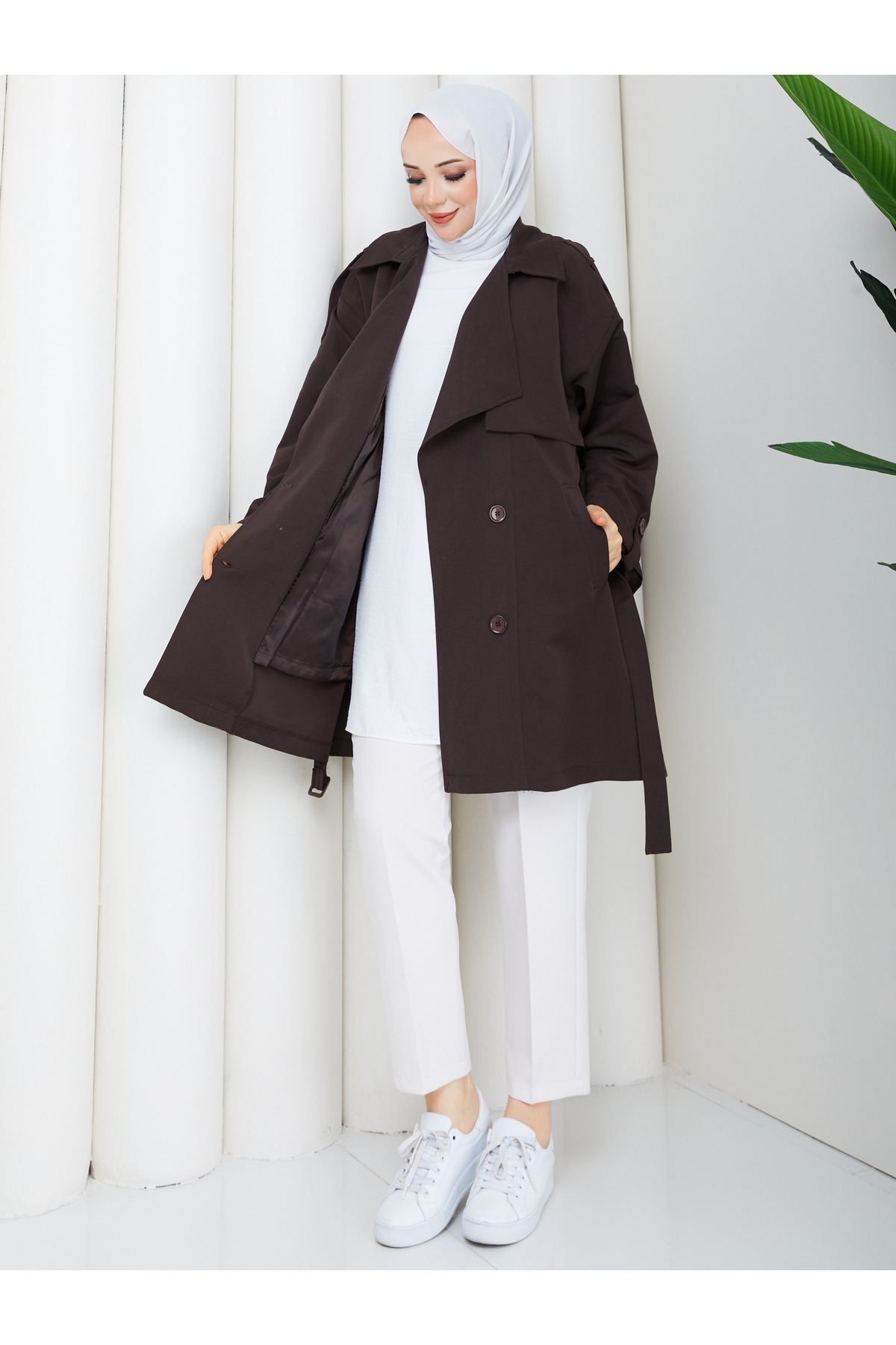 RACE FASHİON Yarı Astarlı Torino Kumaş Oversize Trençkot RC3136 görsel 2