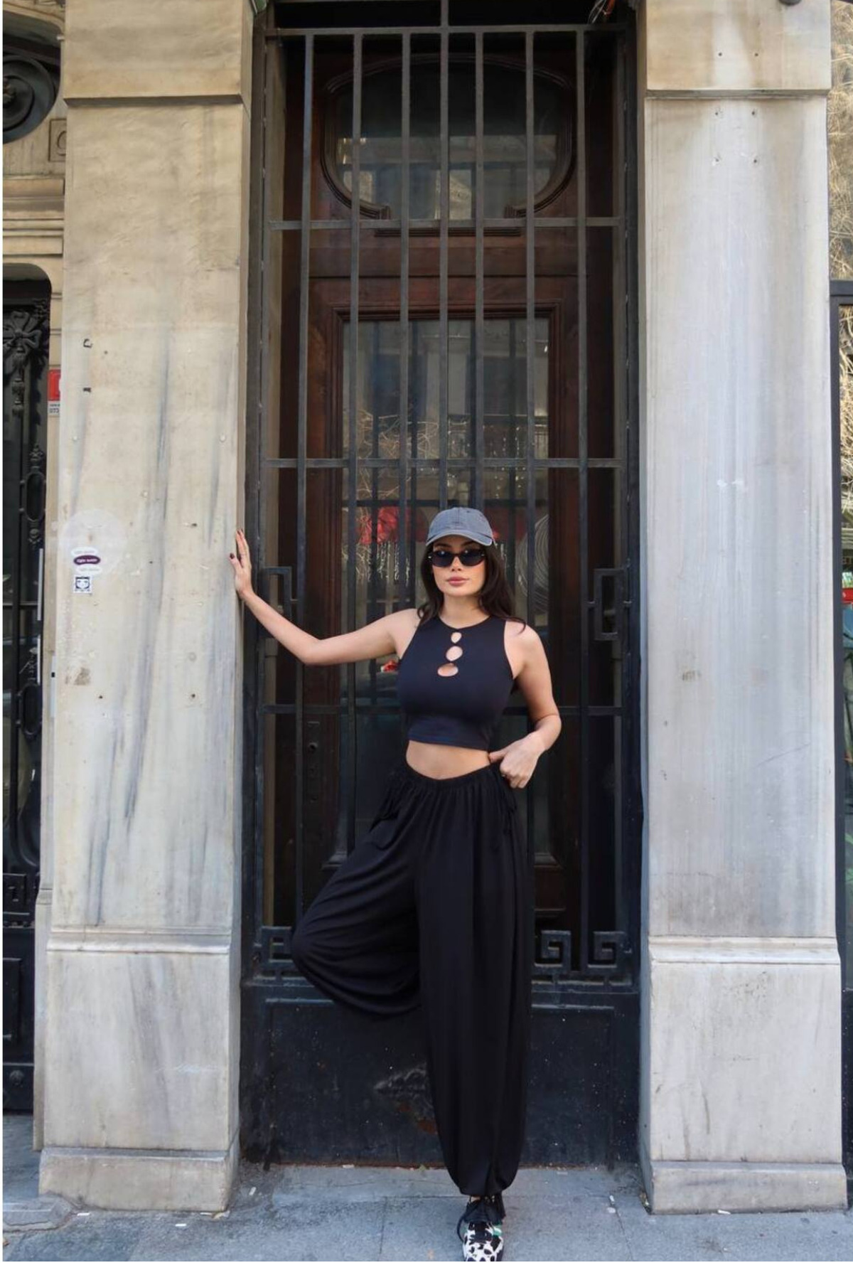 Nika Fashion Kadın Sandy Kumaş Beli Lastikli Siyah Bağcıklı Şalvar Pantolon görsel 6