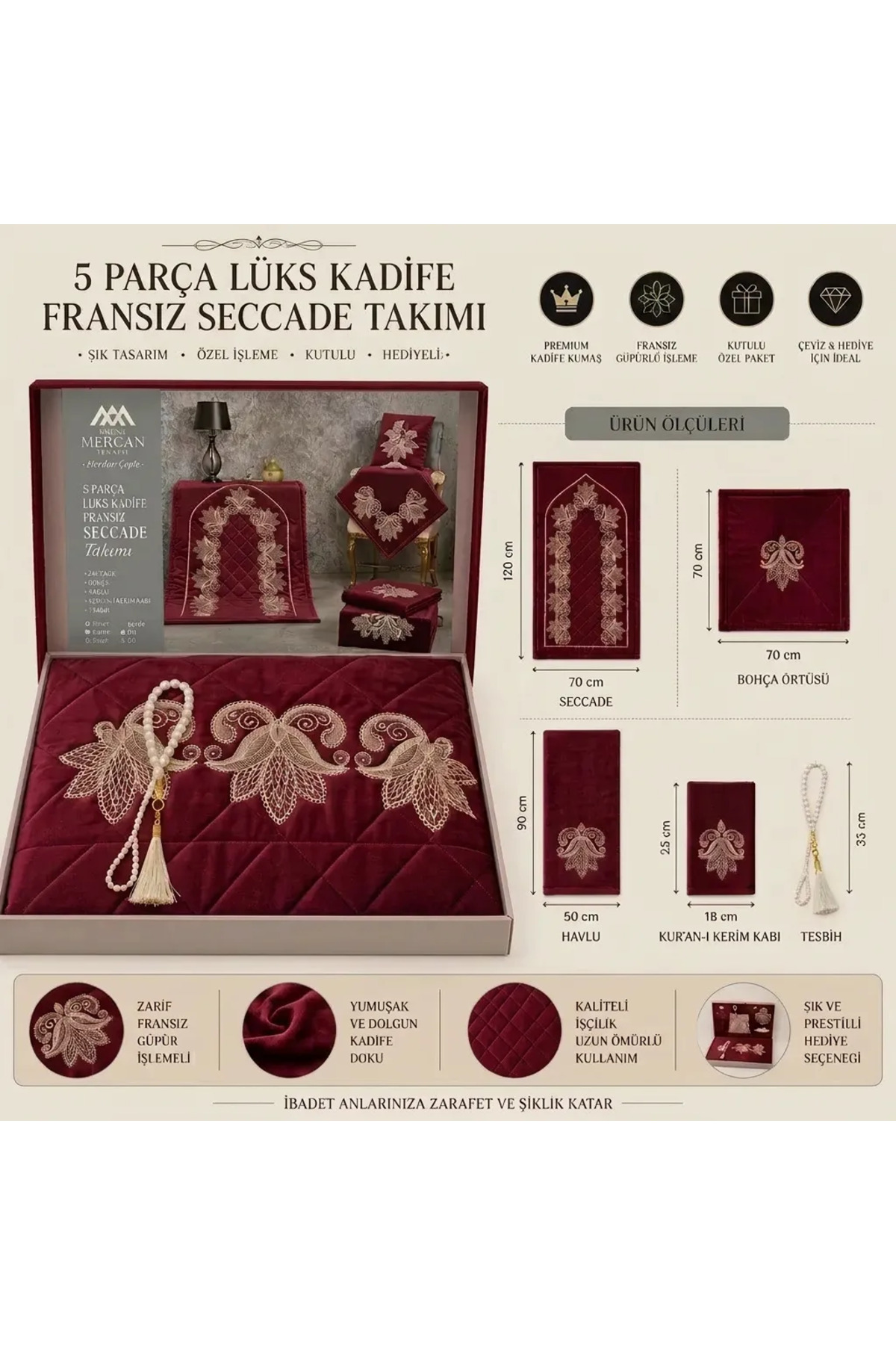 Lüks Kadife Seccade Takımı 5 Parça Bohçalık Hediyelik Set