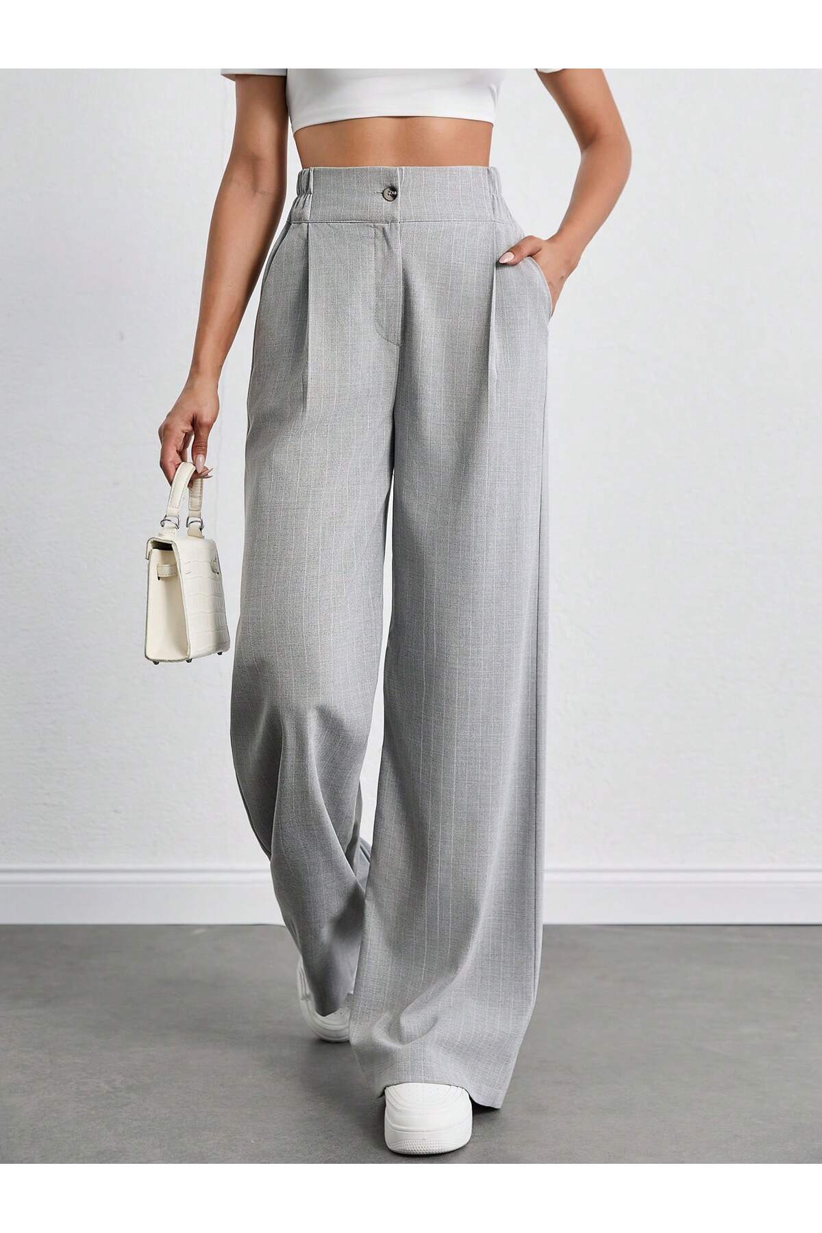 tuzu moda KADIN PANTOLON ÇİZLİGİLİ POLİVİSKON PANTOLON PALAZZO PANTOLON ARKA LASTİKLİ PANTOLON