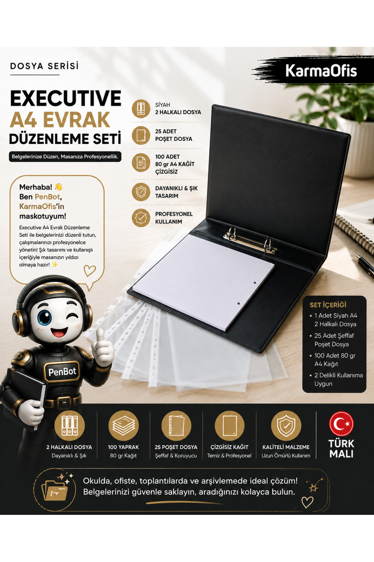 KarmaOfis Executive A4 Evrak Düzenleme Seti | 2 Halkalı Dosya + 25