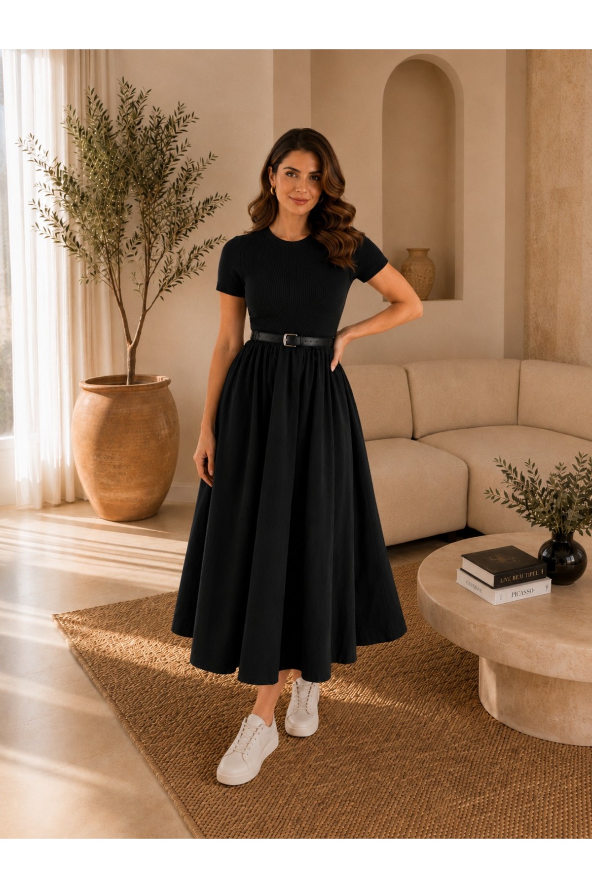 unika boutique Kadın Kemerli Poplin Midi Elbise görsel 4