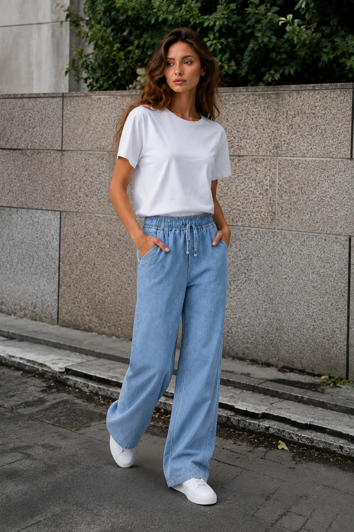 Denvy Denim Kadın Orta Mavi Kar Yıkamalı Yüksek Bel Lastikli Wide