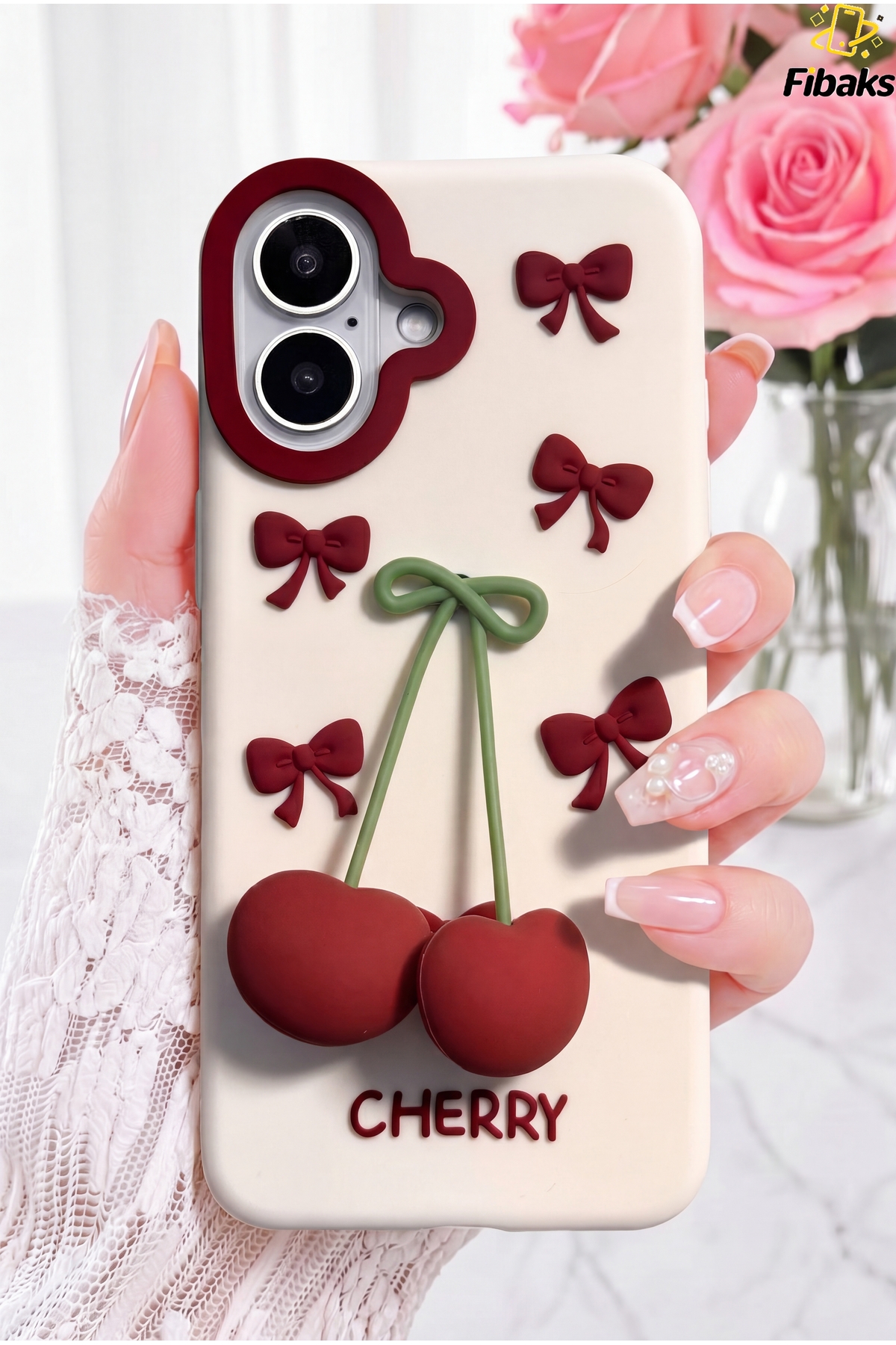 iPhone 17 Case 3D Cherry and Bow Shaped Silicone Phone Case Cover
