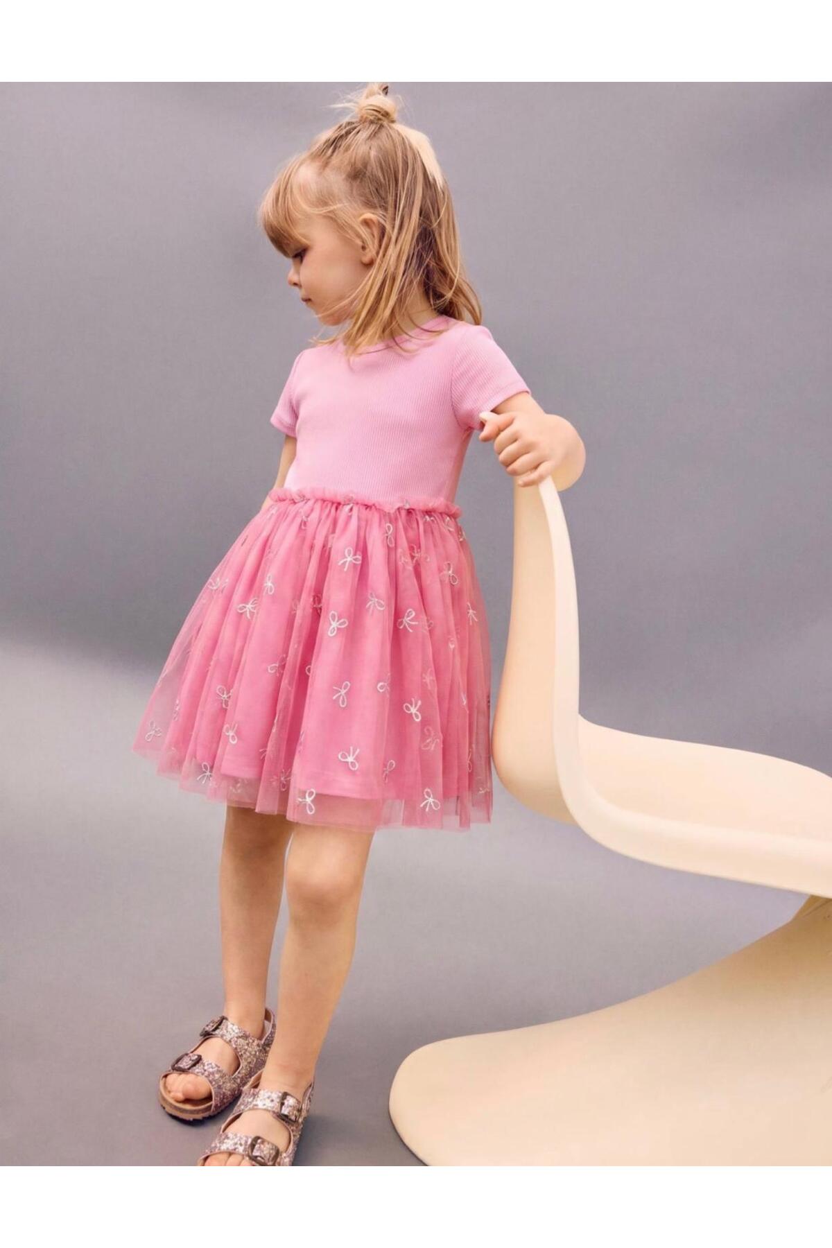mirkidsclub Kız Çocuk Pembe Tüllü Elbise Fiyonk Desenli Kısa Kollu Pamuklu Günlük ve Özel Gün Elbisesi
