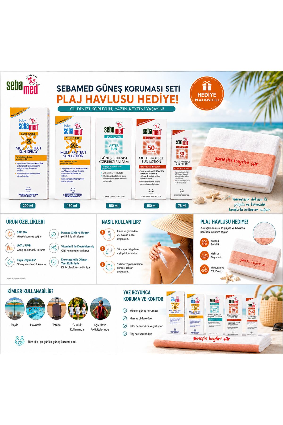 Güneş Koruma SPF 50+ 4 Parça Güneş Kremi + 1 Parça Güneş Sonrası + Plaj Havlusu Hediye — SEBAMED5+HAVLU — تصویر 2 از 7