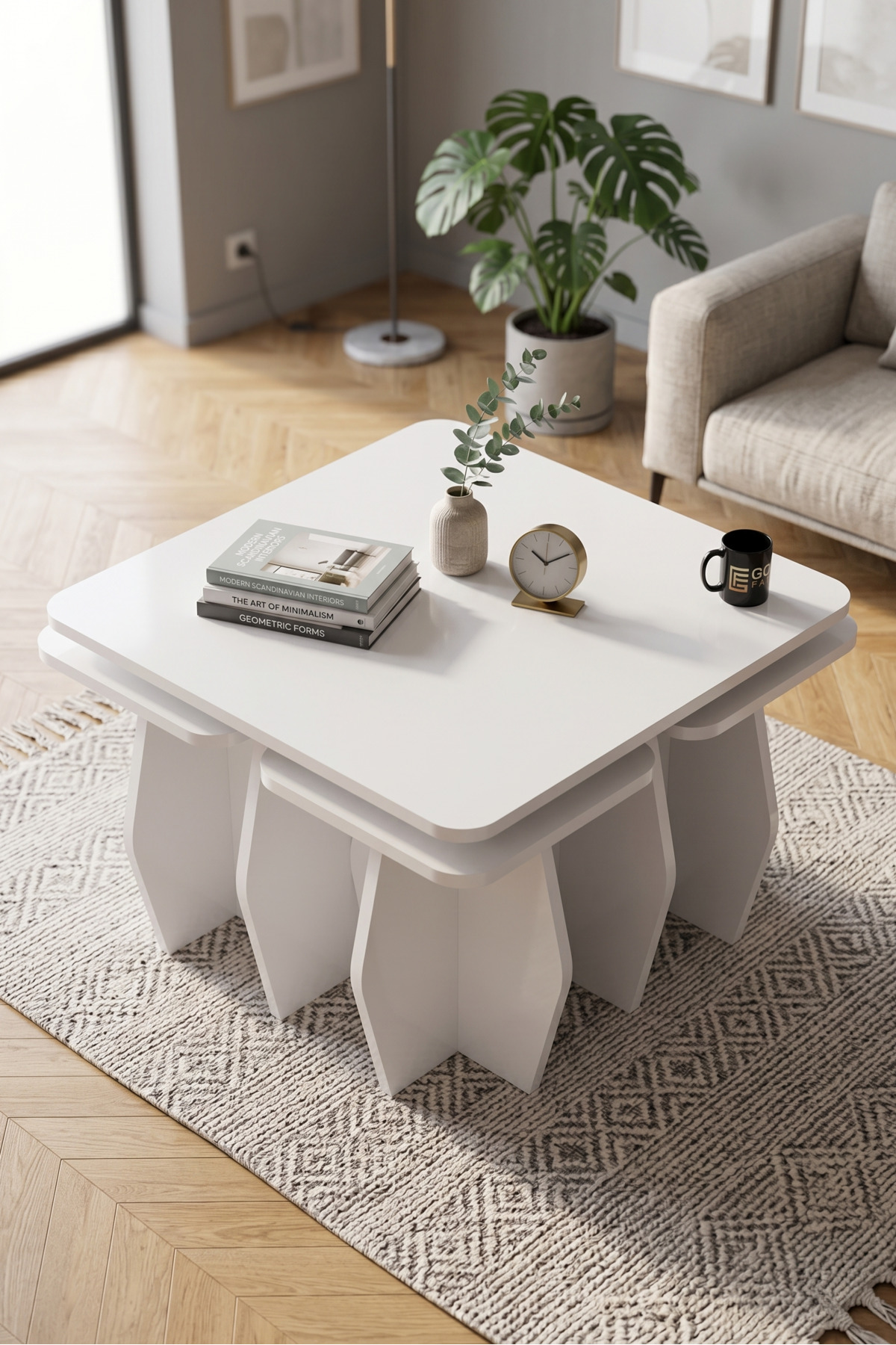 Orta Sehpa Ve Zigon Sehpa 5'li Set Modern Çok Amaçlı Salon Oturma Odası Yan Sehpa 9247 Beyaz görsel 5