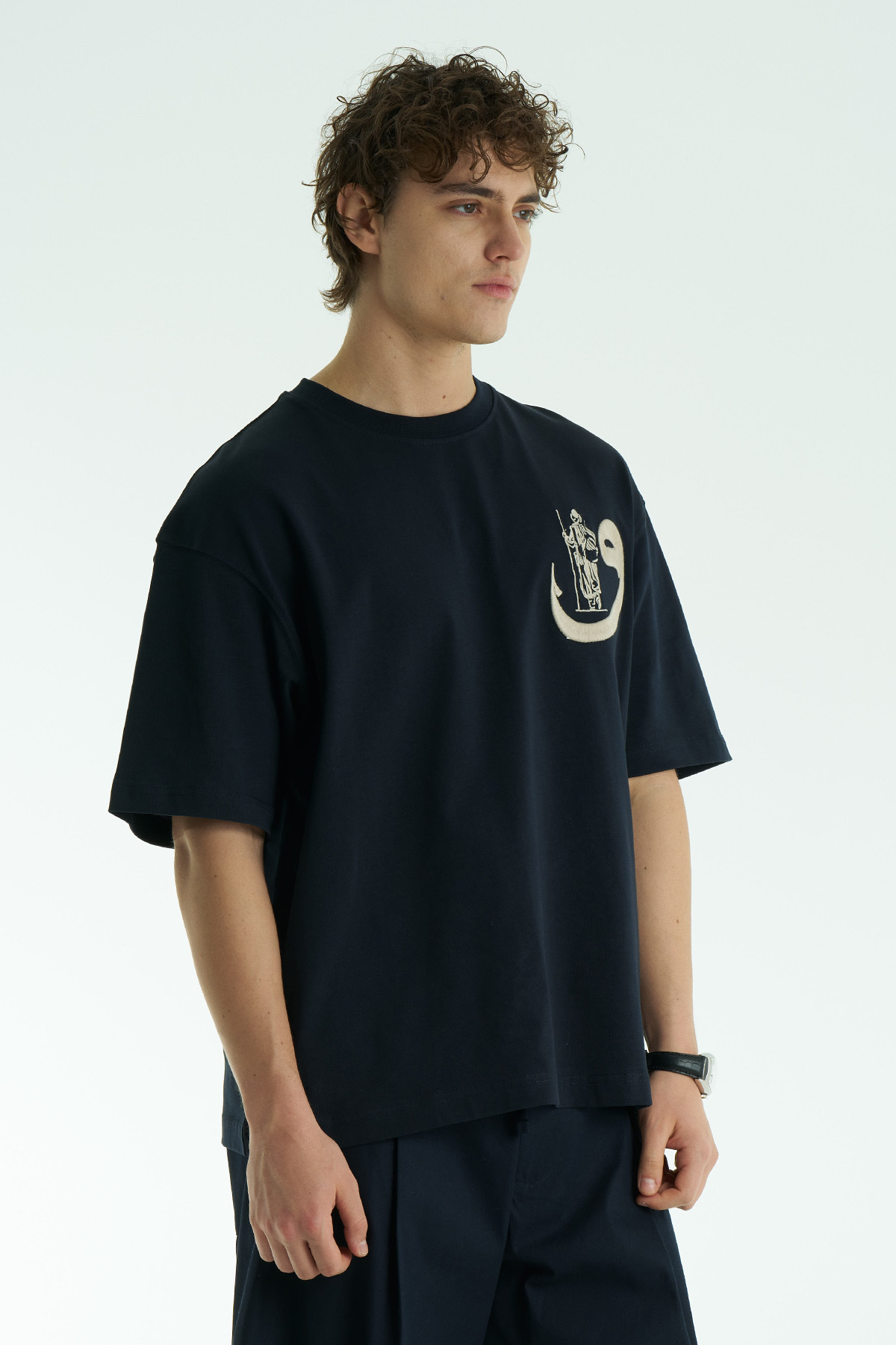 SHANBERWEAR Vav Nakışlı & Halı Motifli Oversize Erkek Tişört %100 Pamuk Bisiklet Yaka - Lacivert görsel 5