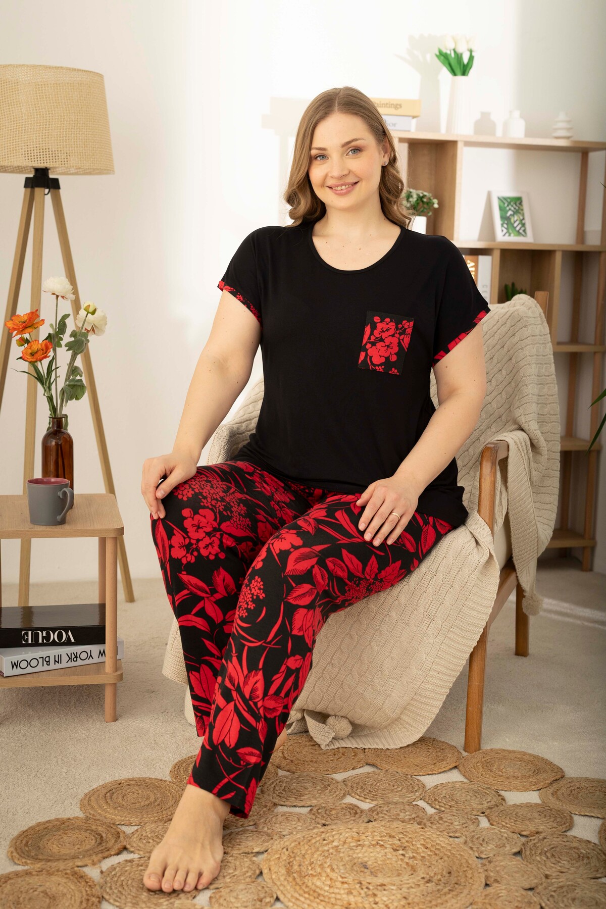 Miss Meryem Siyah Ring Viskon Kısa Kol Büyük Beden Pijama Takım görsel 3
