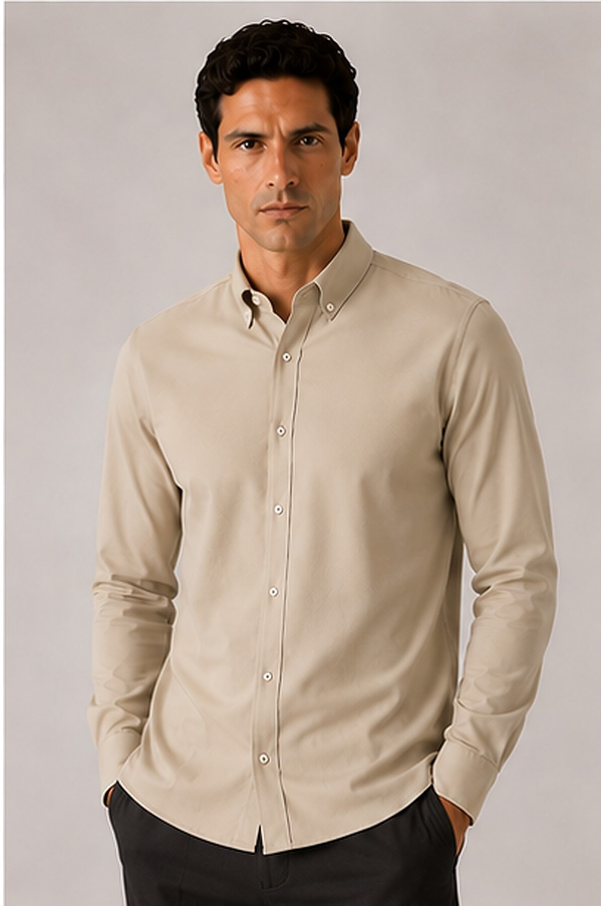 Bej Rayon Kumaş Regular Fit Uzun Kol Erkek Gömlek | MES1310164-1