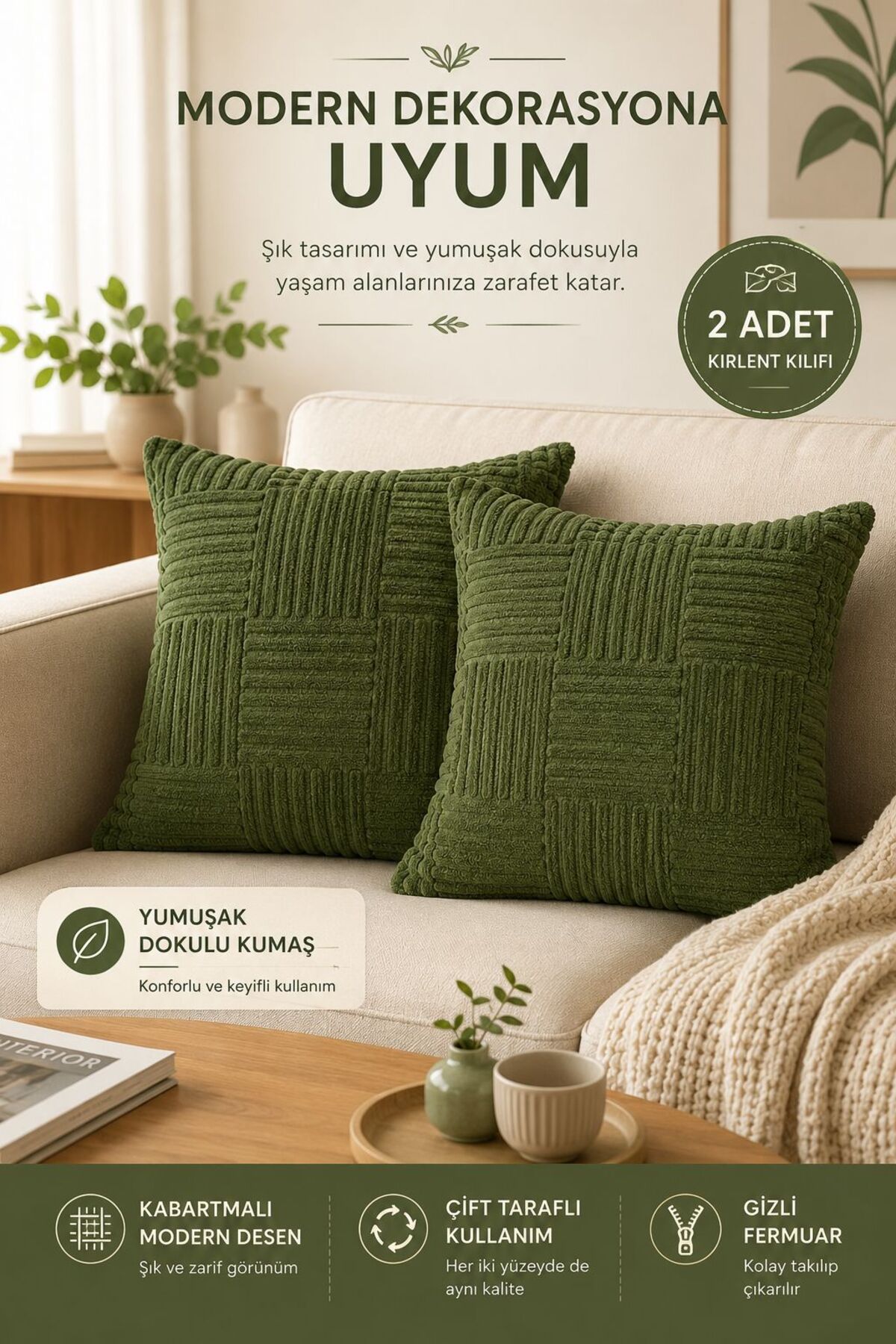 Green Embossed 2-Piece Pillow Case Soft Texture Double Sided Modern Decorative Pillowcase Premium