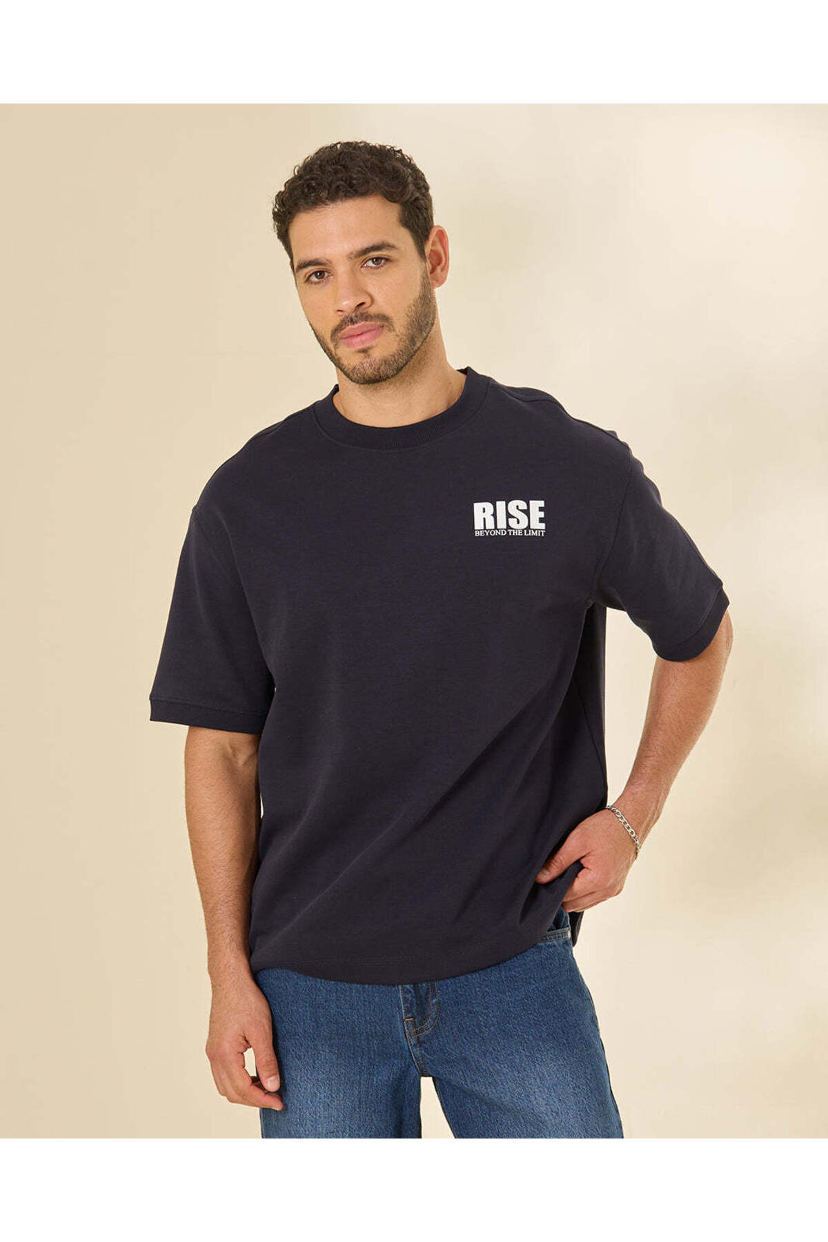 REDTAG Men Navy Placement Print T Shirt