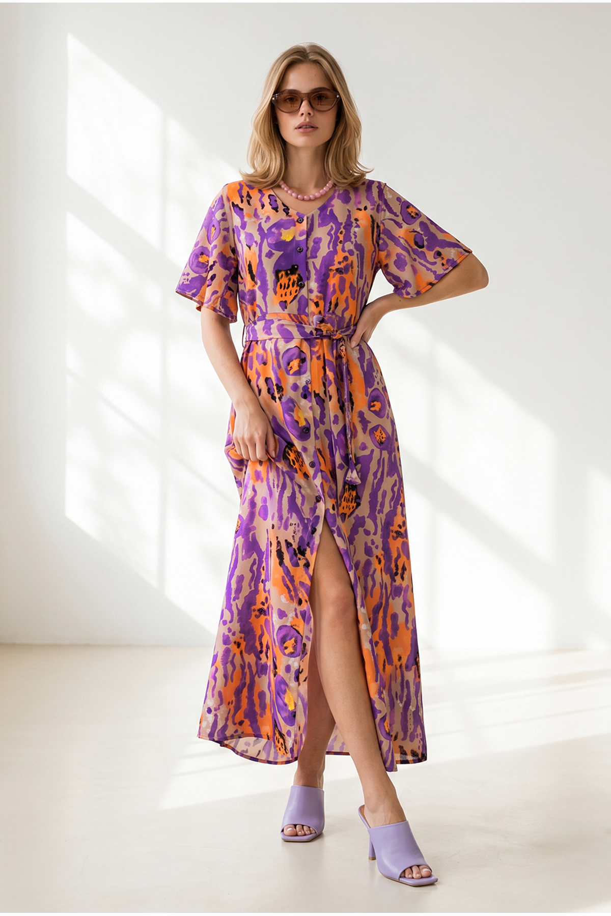 Women's Lilac Beige Buttoned Belted Maxi Viscose Shirt DRESSDRESS-19002382
