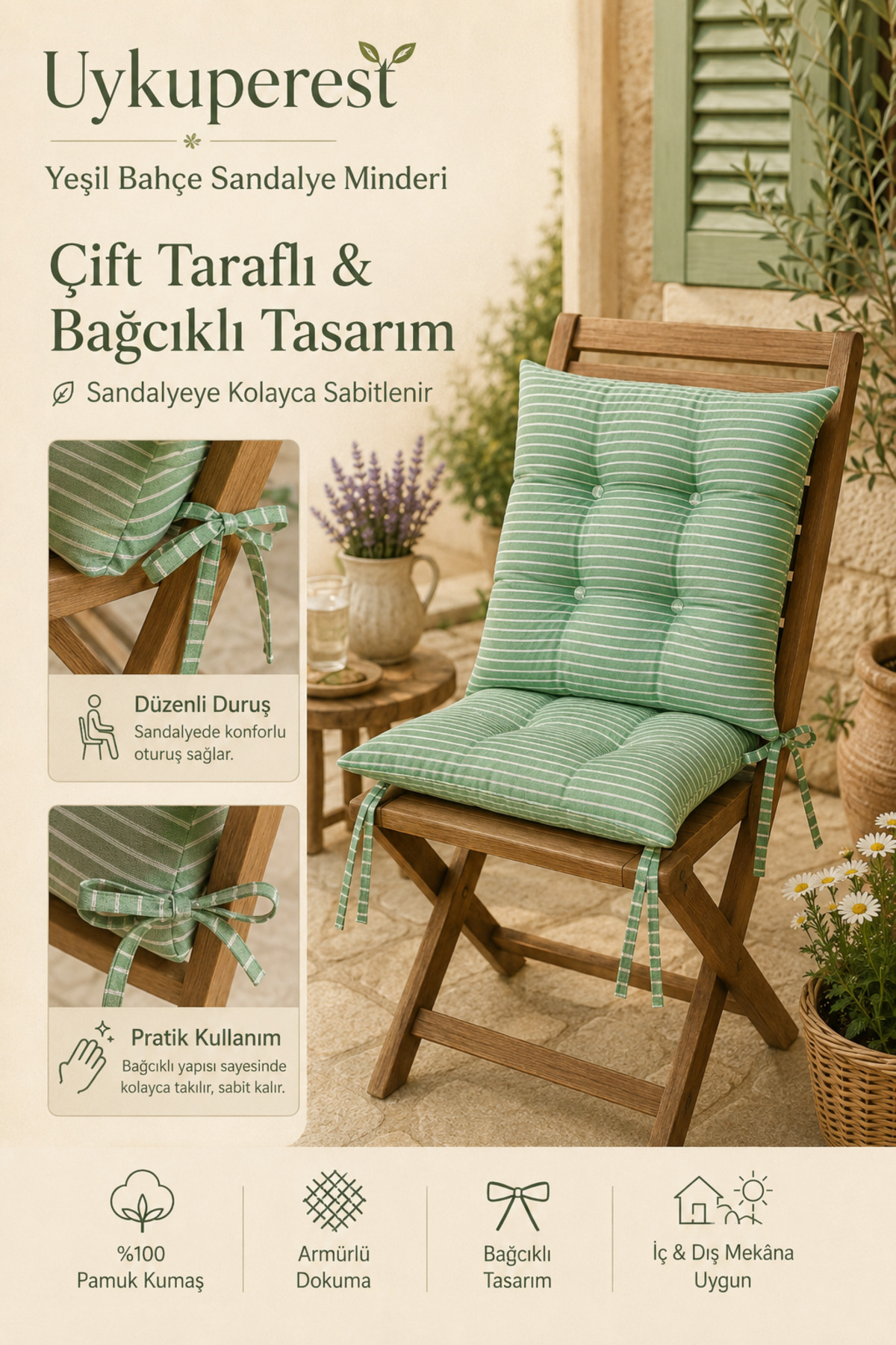 Pastello Pofidik Sandalye Minderi 40x40 Bağcıklı 4 Puntolu Silikon Dolgulu Pamuk Bahçe Balkon Tekli detay