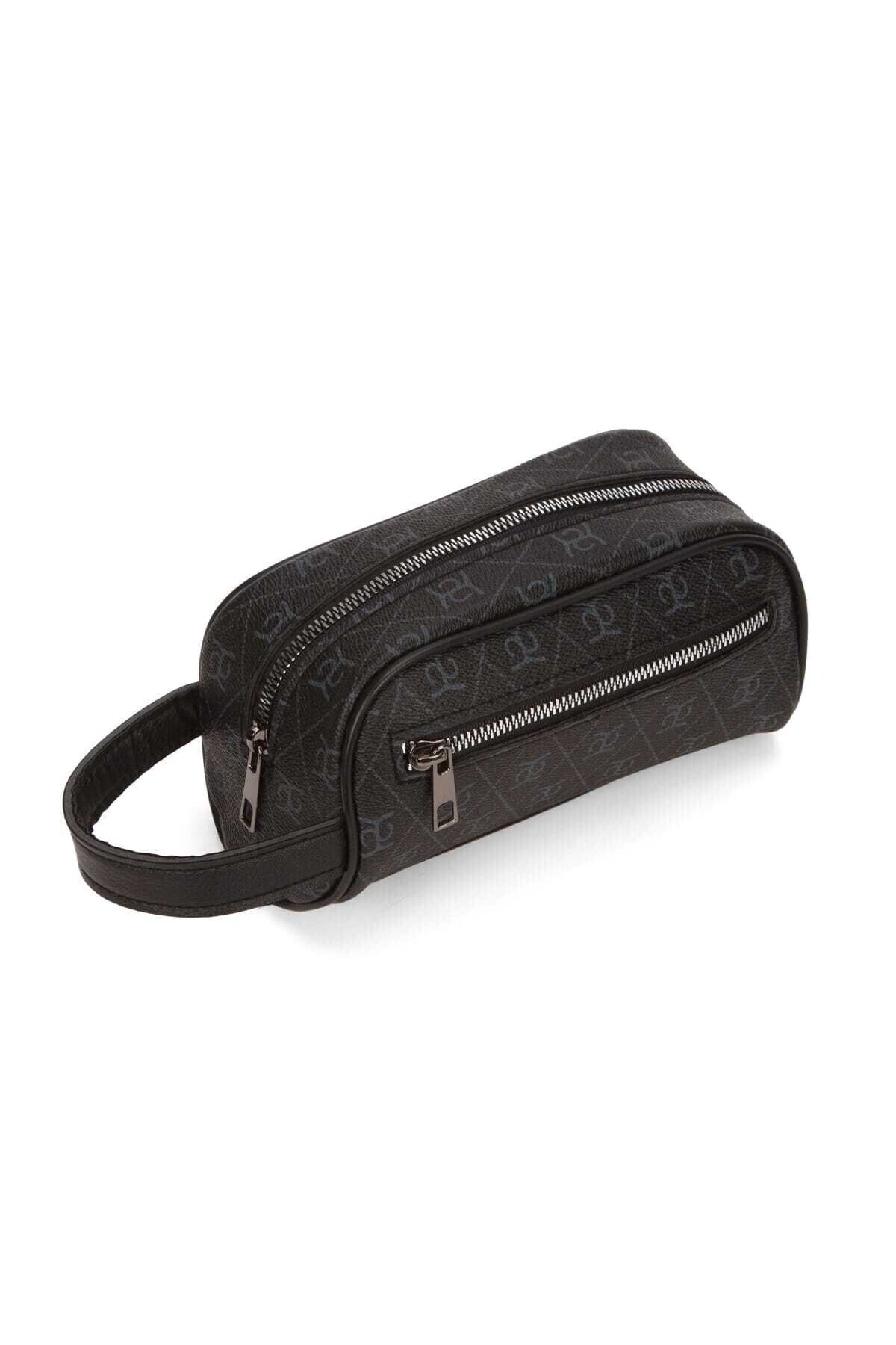 VIATOX NP- 2213 Mini Erkek Vegan Deri Portföy Clutch Traş Kozmetik Bakım ve Günlük El Çantası BASKILI SİYAH görsel 4