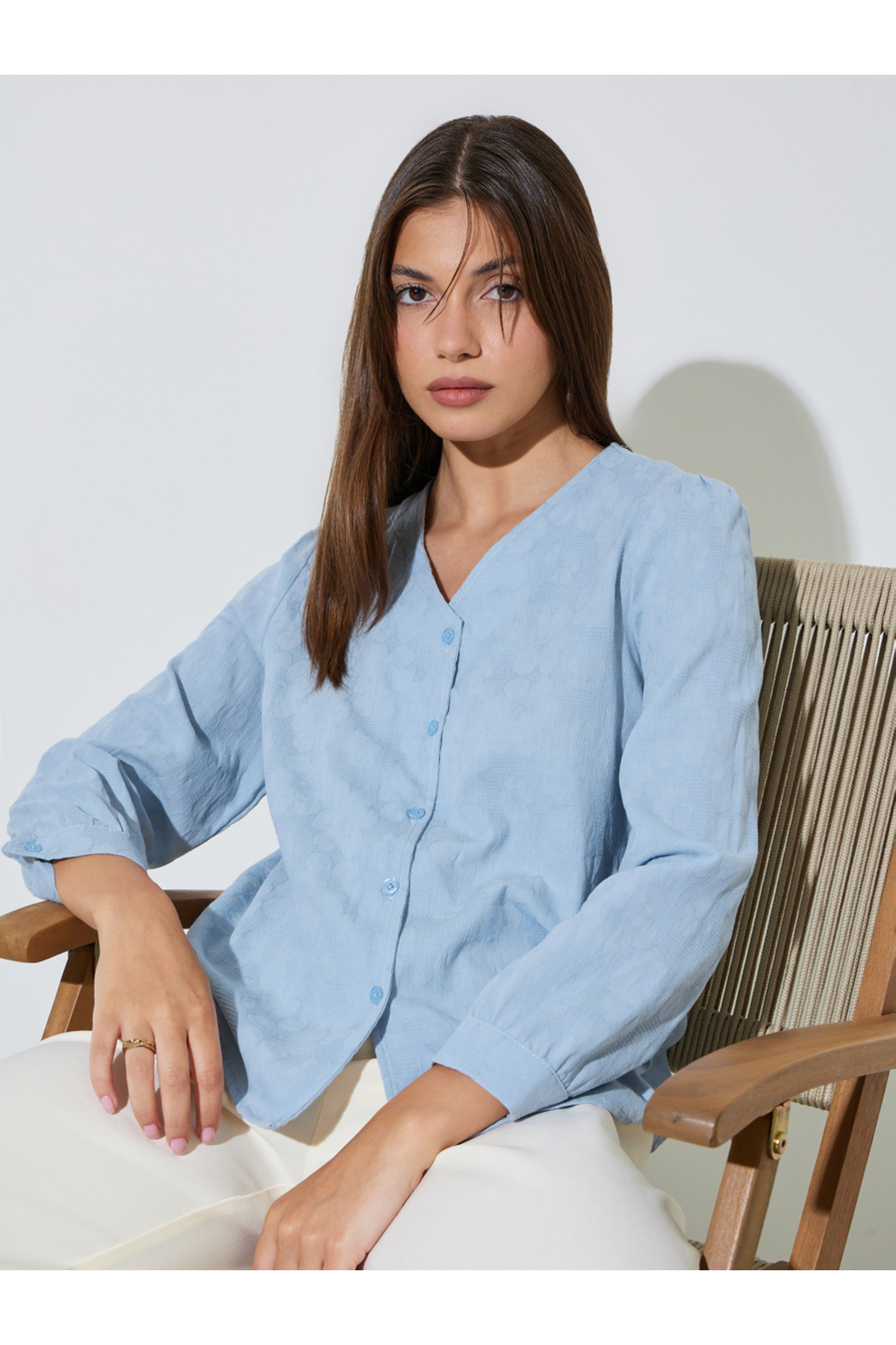 Styli Blue Jacquard Casual Blouse