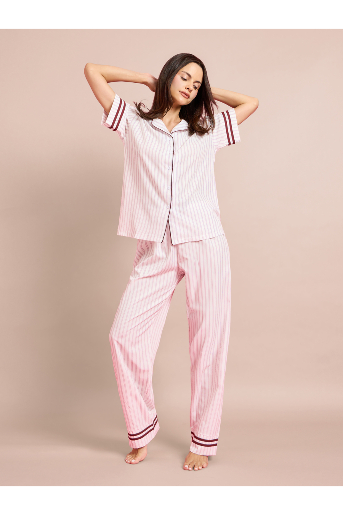 Styli Pink Striped Piped Shirt and Pyjama Set
