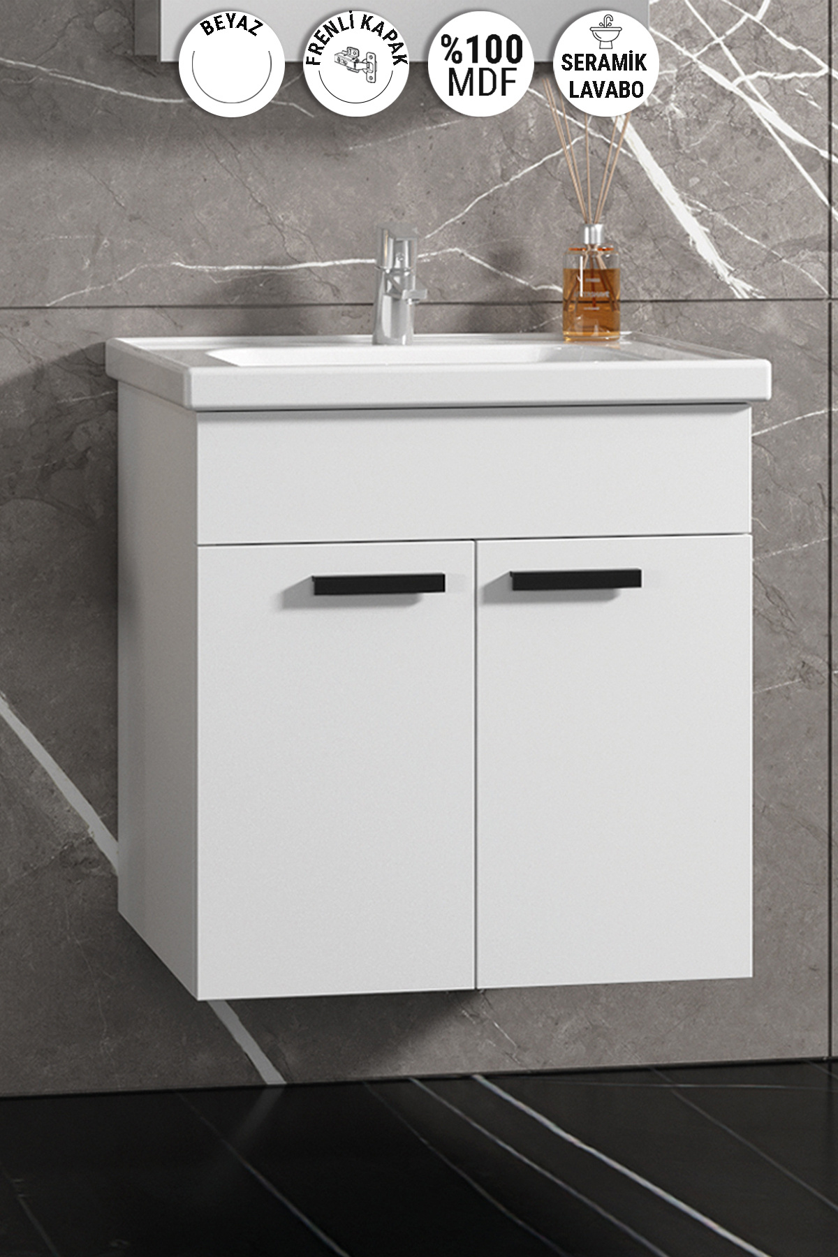 Çiğdem Kulplu 55 cm Beyaz MDF Seramik Lavabolu Asma Banyo Alt Dolabı