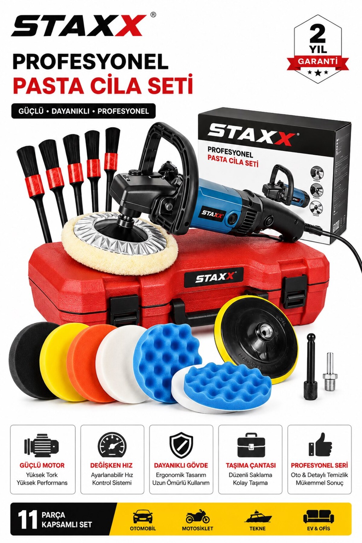STAXX POWER 1400 W Pasta Cila Polisaj Makinesi 180 mm Devir Ayarlı Bakır Sargılı 11 Parça Set Çantalı