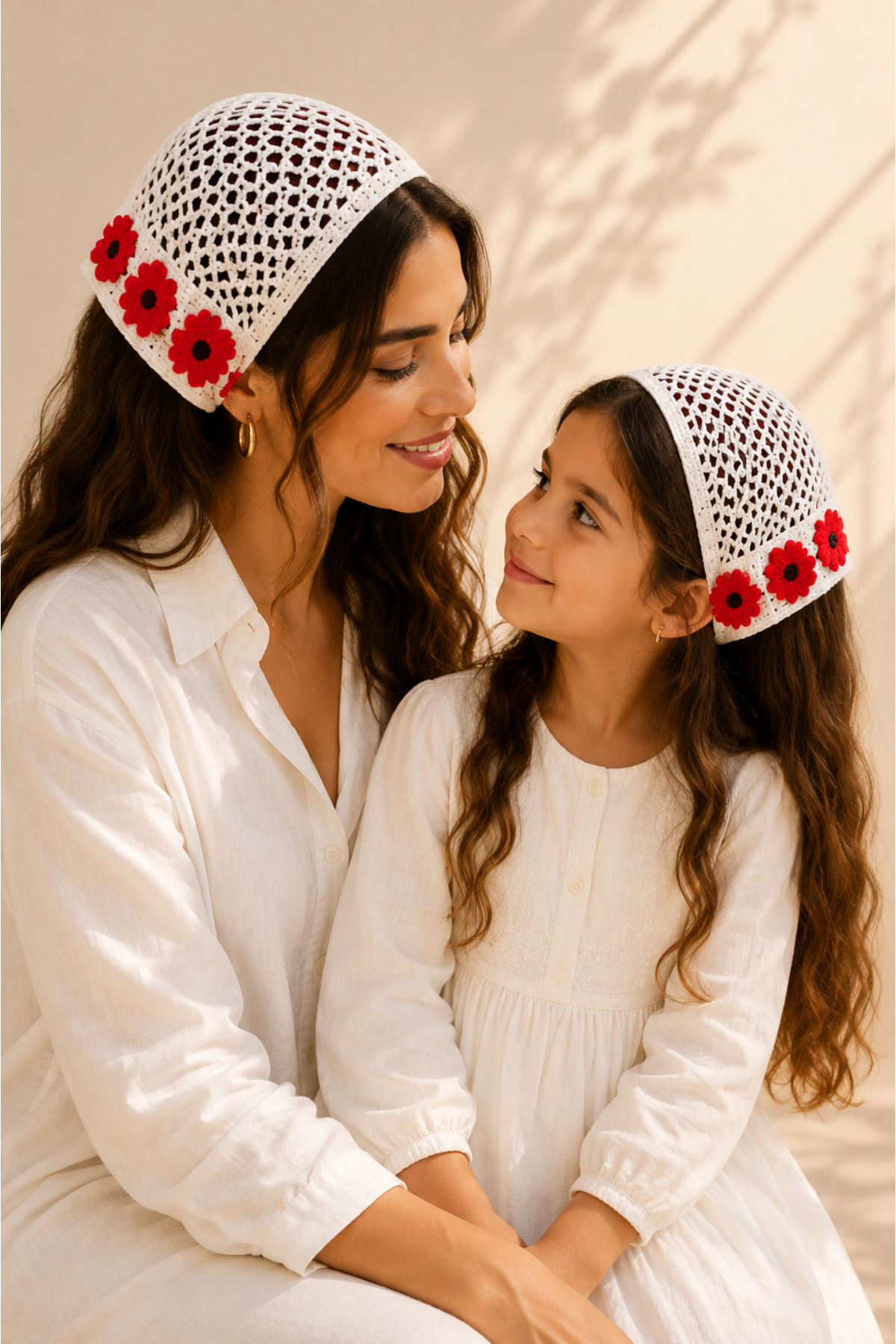2li Anne & Kız Örgü Bandana Kombini – Çiçek Motifli Saç Bandanası (Çocuk 4-12 Yaş)