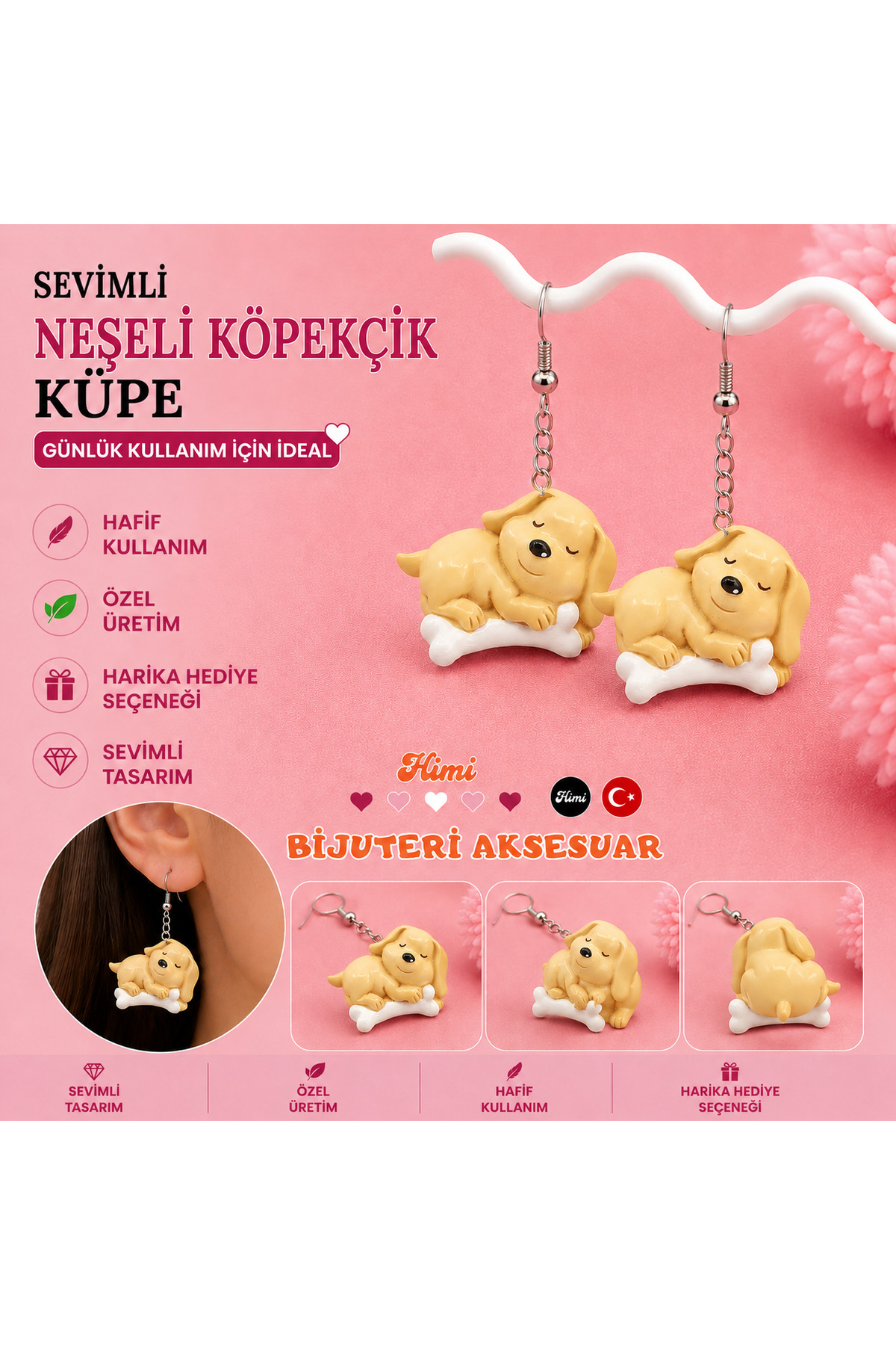 Neşeli Kemikli Köpek Hayvan Figürlü Sallantılı Küpe Hafif Tasarım Günlük Kullanım Bijuteri Çocuk Küpesi