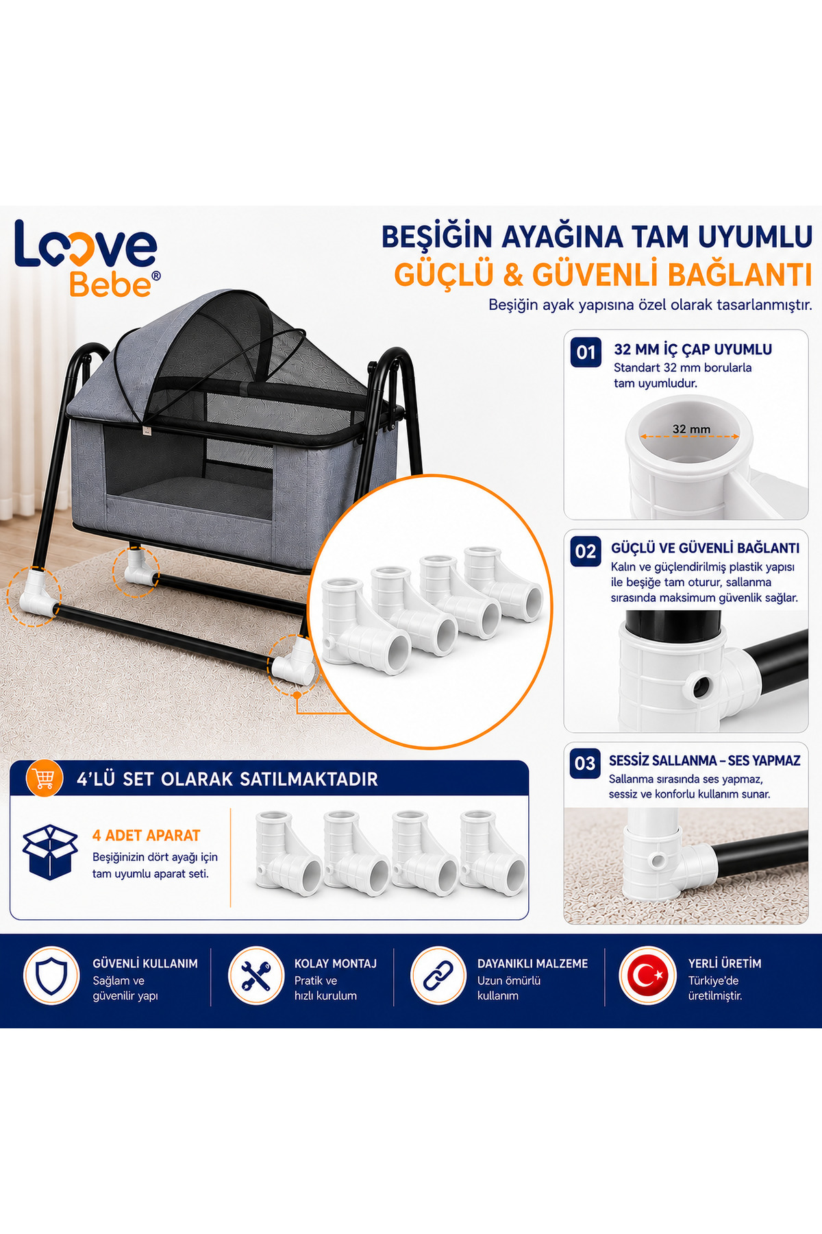 32 Lik 4 AdetKalın borulu Plastik Bebek Beşik Ayağı Salıncak Ayağı Boru Birleştirme ayak