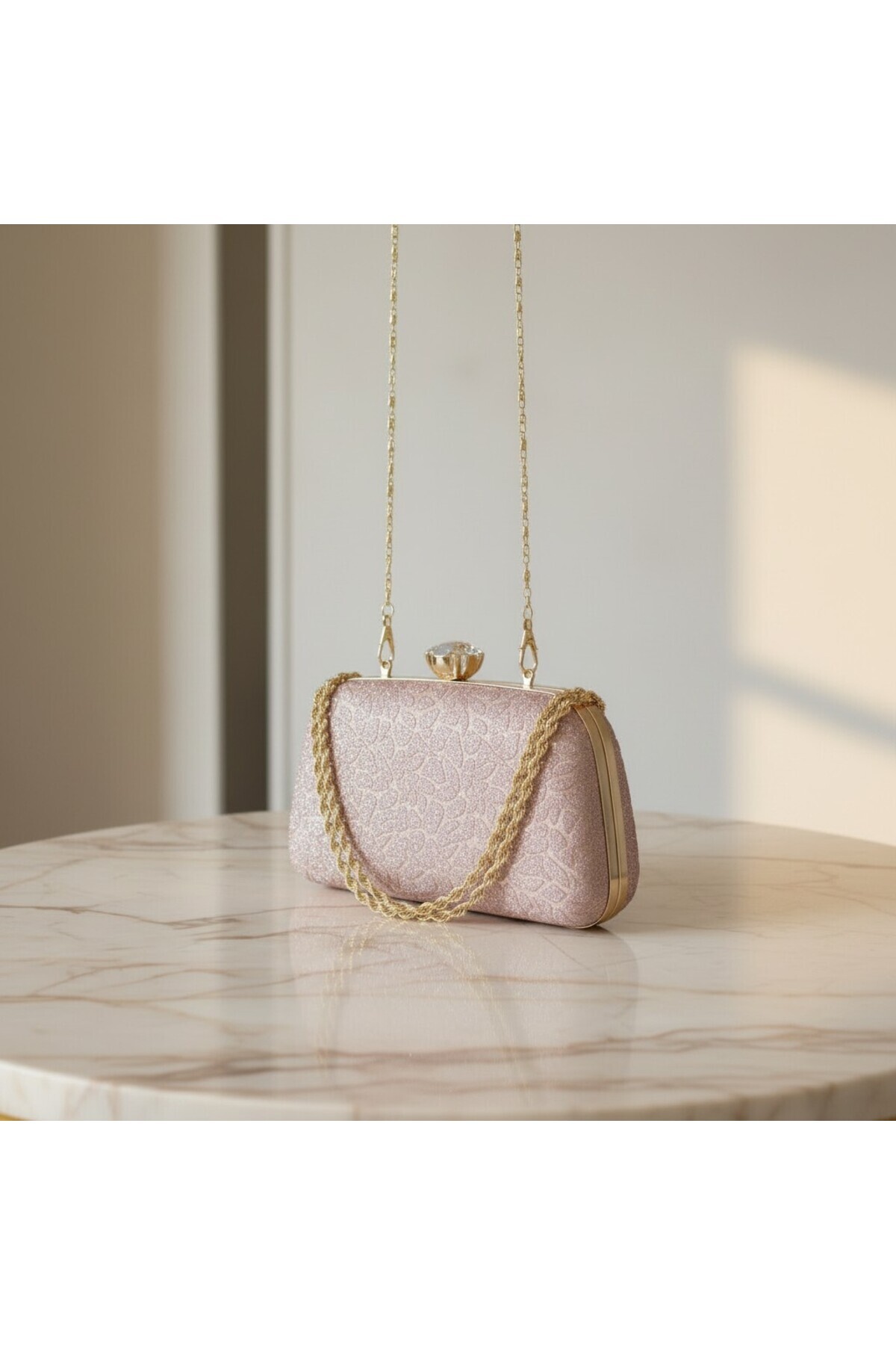 Dilora Kadın Rose Gold Dokulu Simli Abiye Çanta Kristal Taş Tokalı Gold Zincir Askılı Gece Davet Clutch El ve Omuz Çantası görsel 7