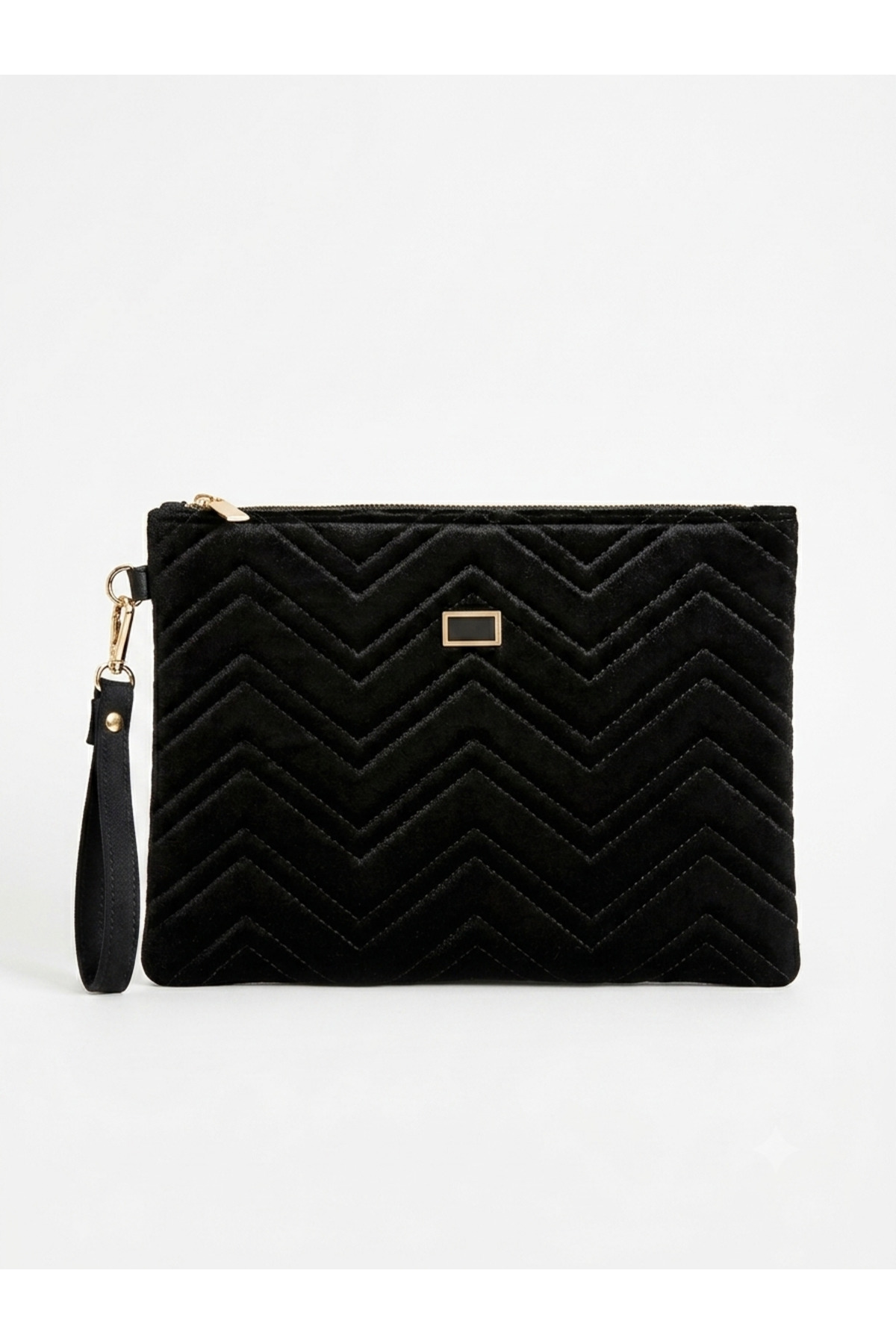 BK Bags & Accessories Orta Boy Siyah Kadife Zikzak Desenli Portföy Çanta Clutch