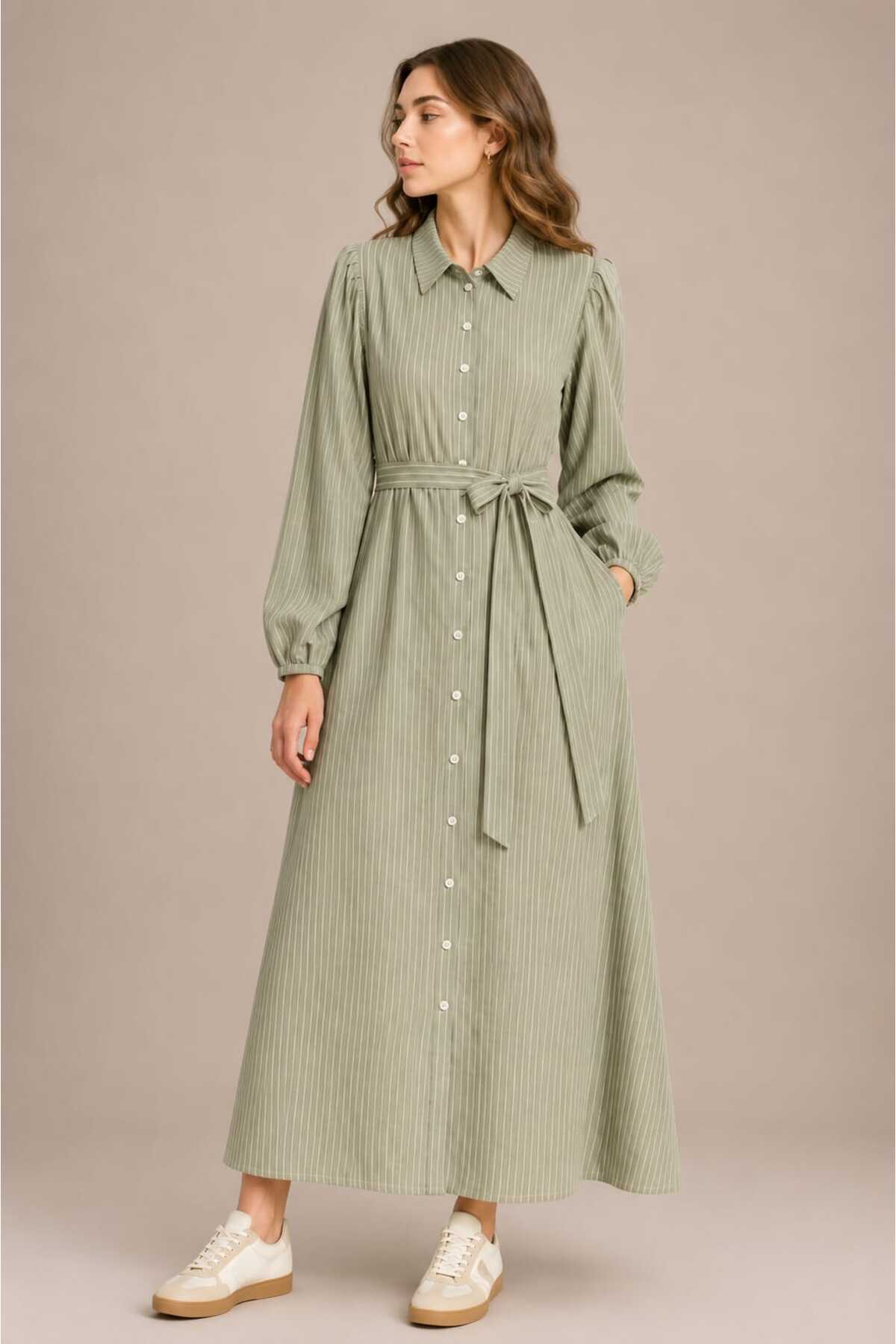 Benedetto New Season Poplin Striped Shirt Collar Belted Buttoned Long Sleeve Maxi Summer Women's Dress