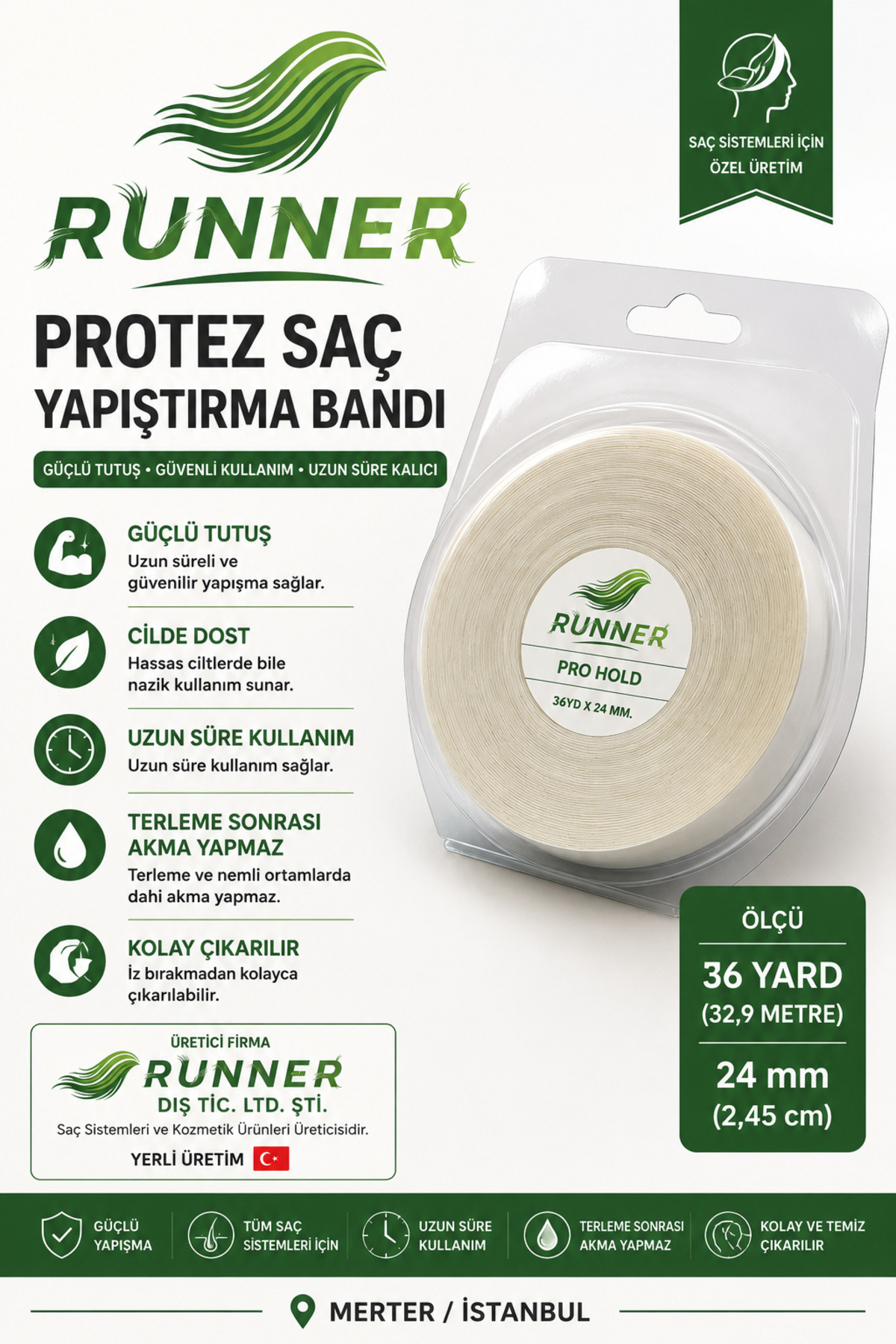 RUNNER Ultra Güçlü Protez Saç Bandı 36 Yard x 24 mm - Yerli Üretim Dermatolojik Testli Şeffaf Bant — 36yard