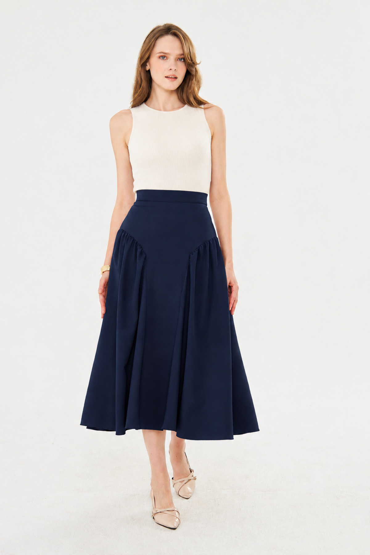 FARBE ER FASHION Khak Navy Blue Midi Skirt
