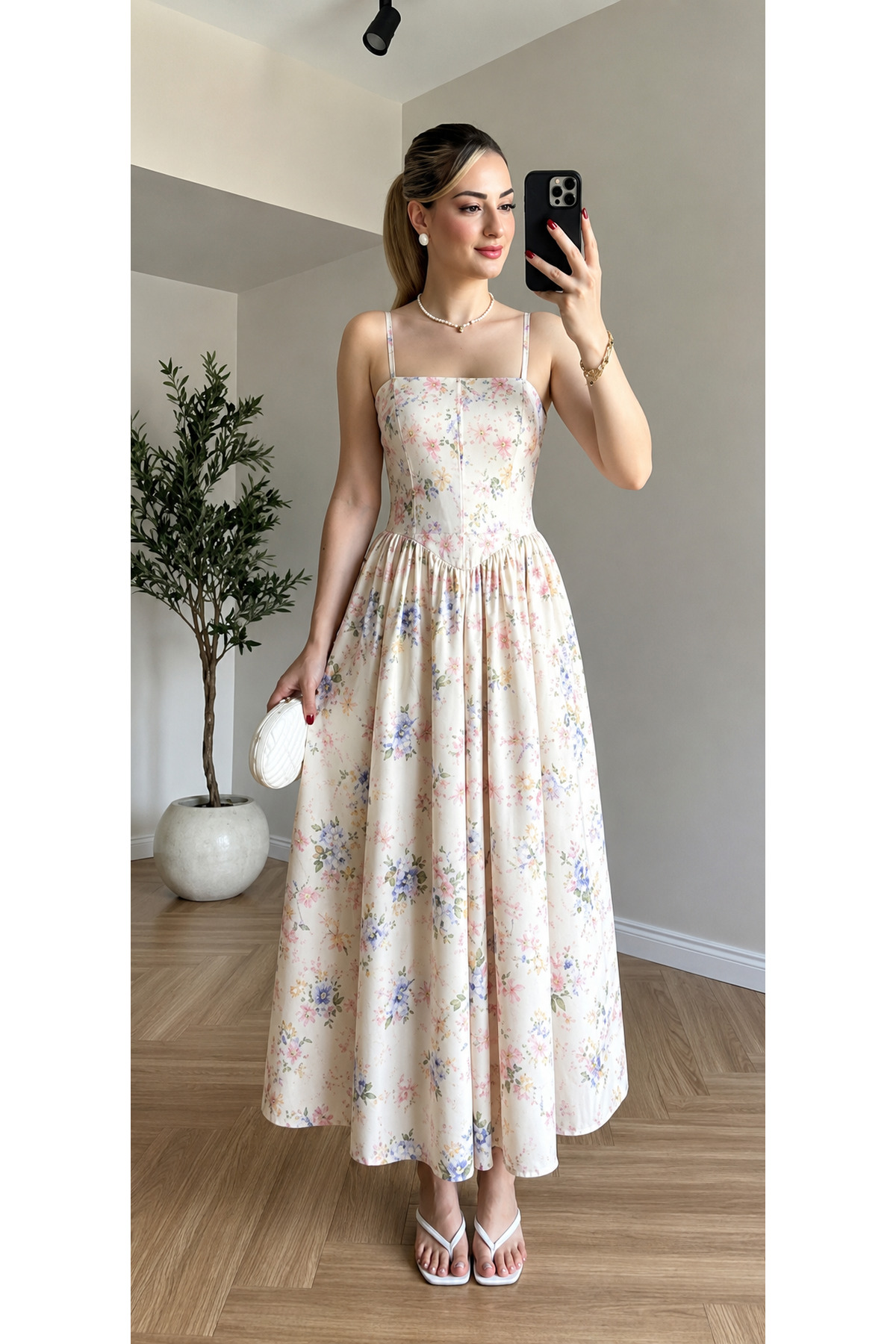 Moda Palmiss Women's Floral Patterned Strappy Corset Detailed Summer Midi Dress