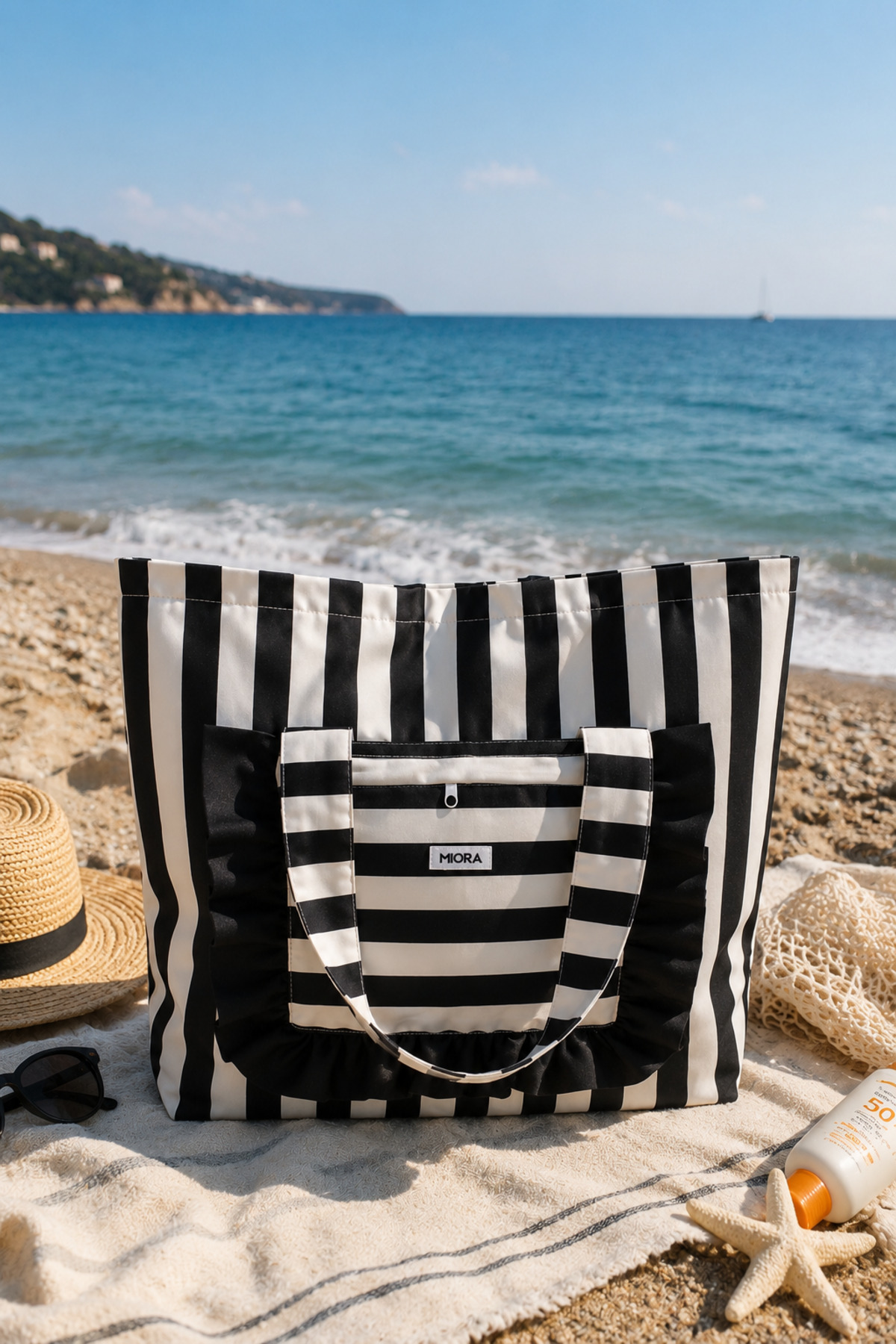 MIORA BAG Siyah Beyaz Çizgili Su Geçirmez Günlük & Plaj Omuz Çantası-Fırfır Detaylı