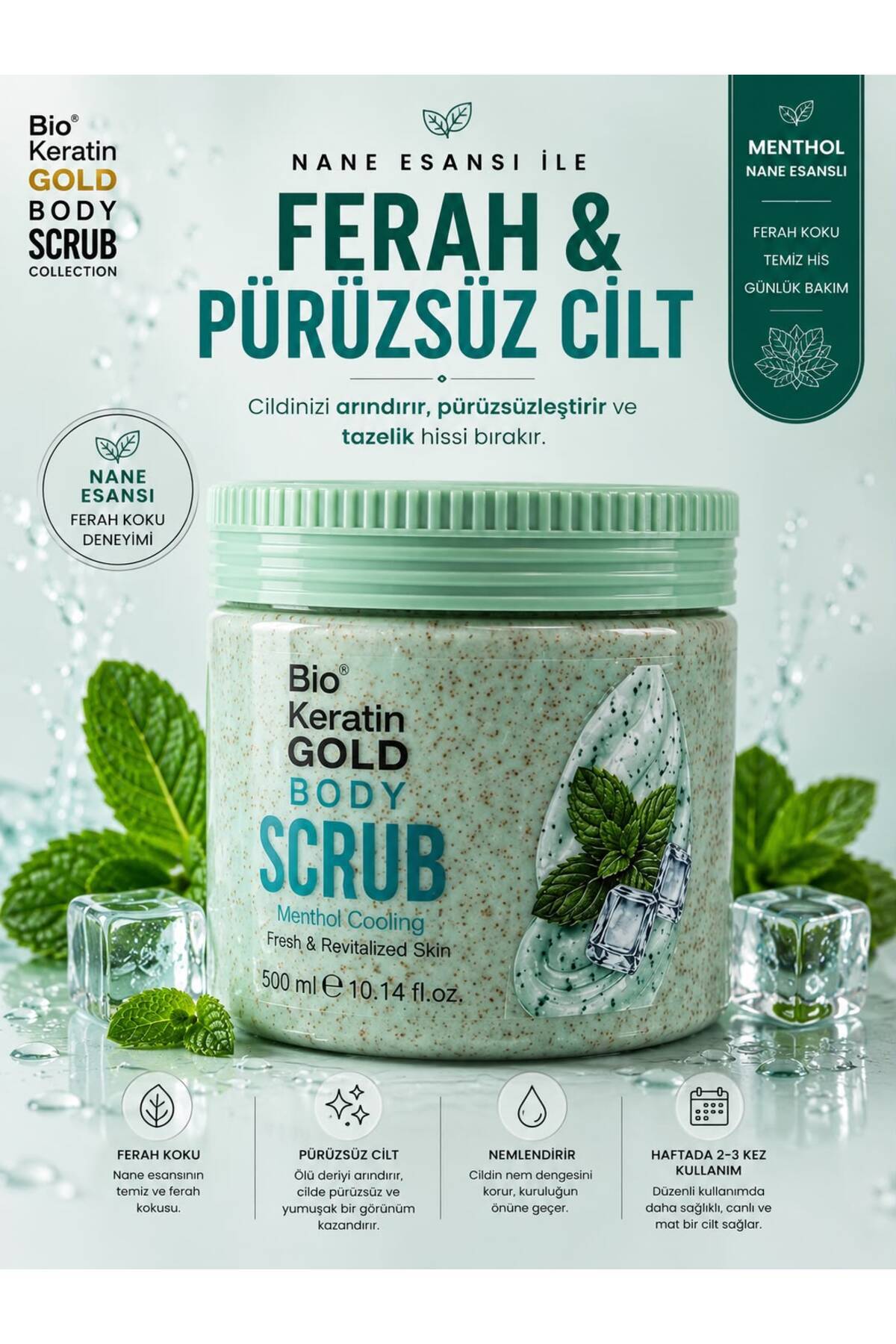 Bio Keratin Gold Menthol Özlü Vücut Peeling 500ml Ferah ve Pürüzsüz Cilt Body Scrub — A609