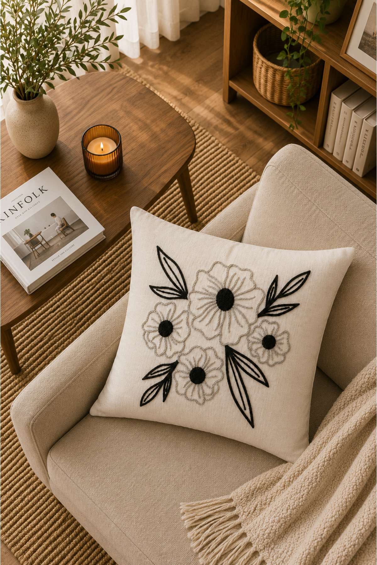 Dekoratif Punch Kırlent Kılıfı Keten Kumaş Gizli Fermuarlı 43x43