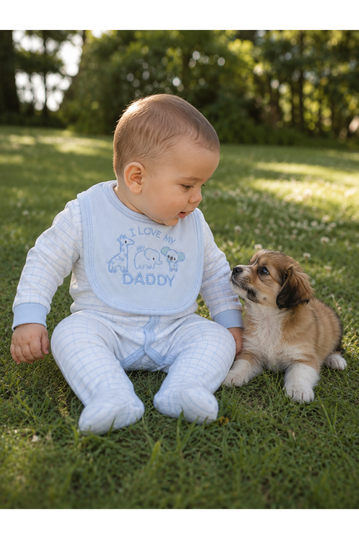 5'li Bebek Giyim Seti – I Love My Daddy Baskılı Mavi Tulum, Body, Şapka, Önlük ve Eldiven