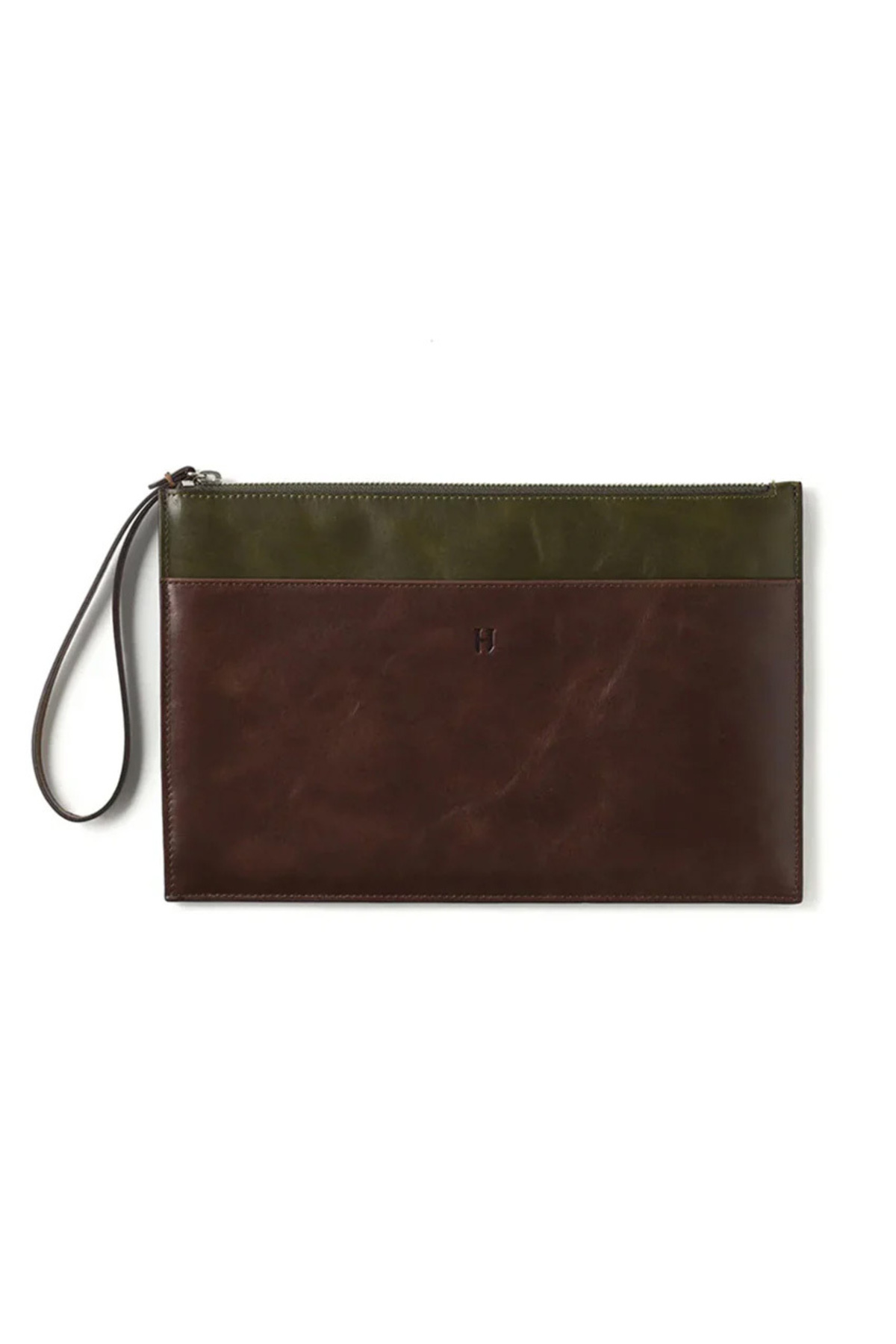 HELMBROOK Beverly Unisex İnce Deri Haki Kahve Clutch Çanta (Bilek Askılı) görsel 2