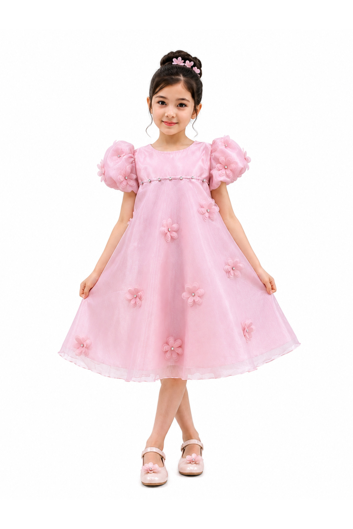 Girls Luxury Floral Puff Sleeve Occasion Dress – Light Pink