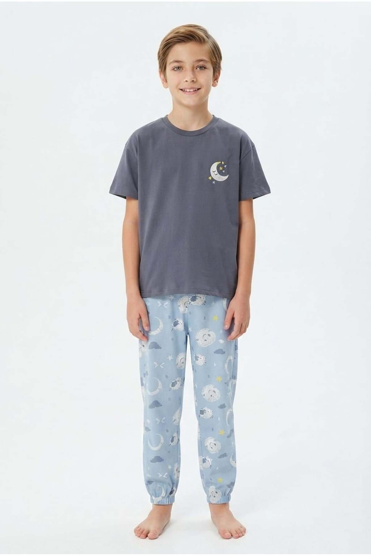 bunny hopp Boy's Pajama Set 100% Cotton Moon and Star Embroidered Summer Short Sleeve