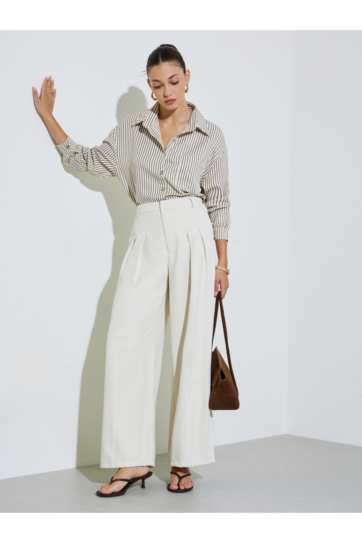 Styli Cream Wide Leg With Pleat Detailing Formal Pants