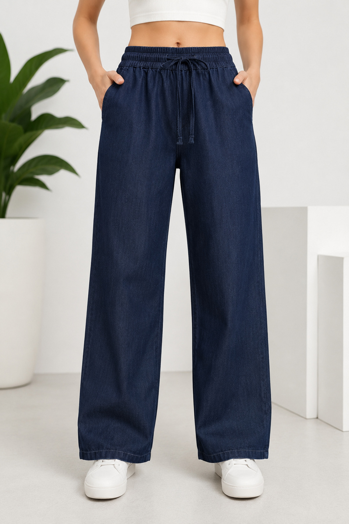 Lighter Jeans Kadın Tensel Jean Pantolon Beli Lastikli Bağcıklı Rahat Kalıp Dökümlü Günlük Kot Pantolon