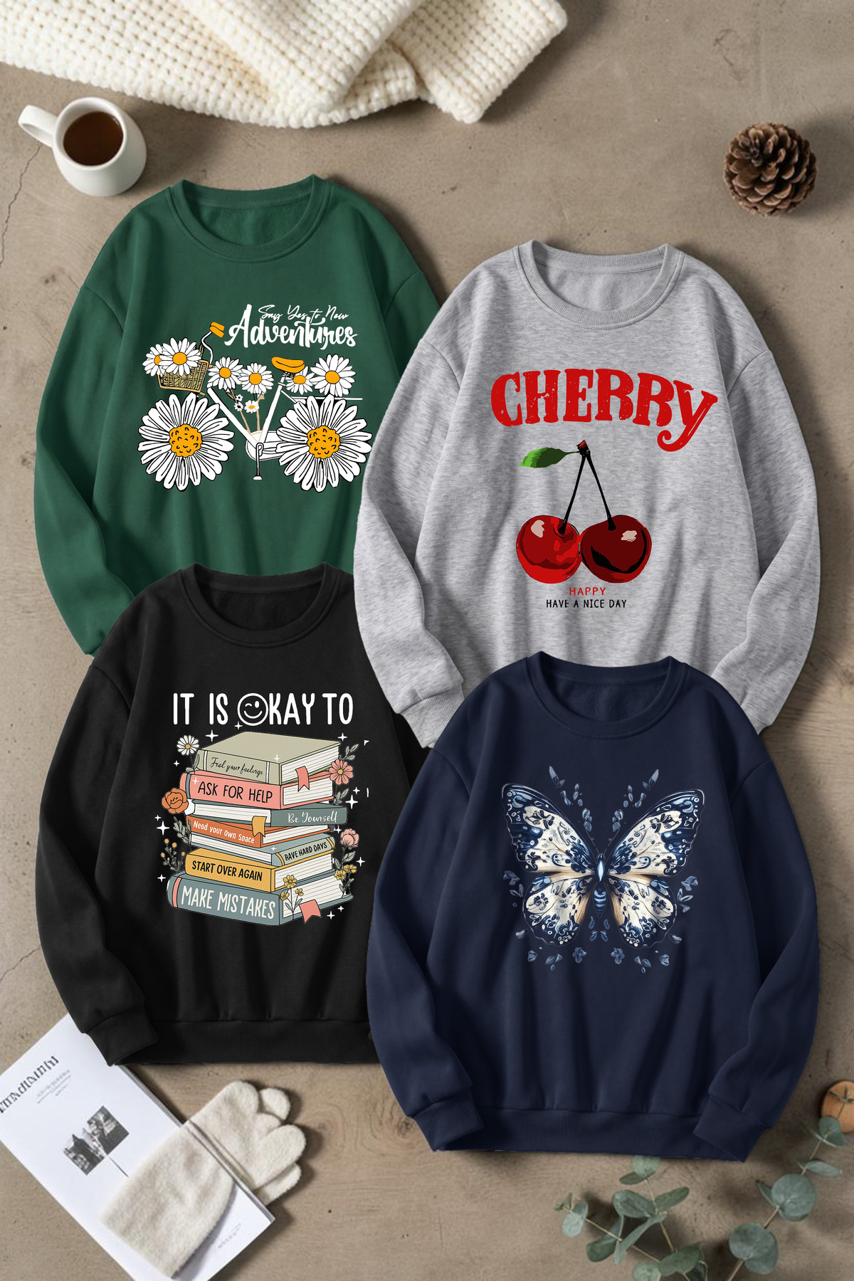 uyguntarz Unisex Mixed Printed Crew Neck Sweatshirt Set – Pack of