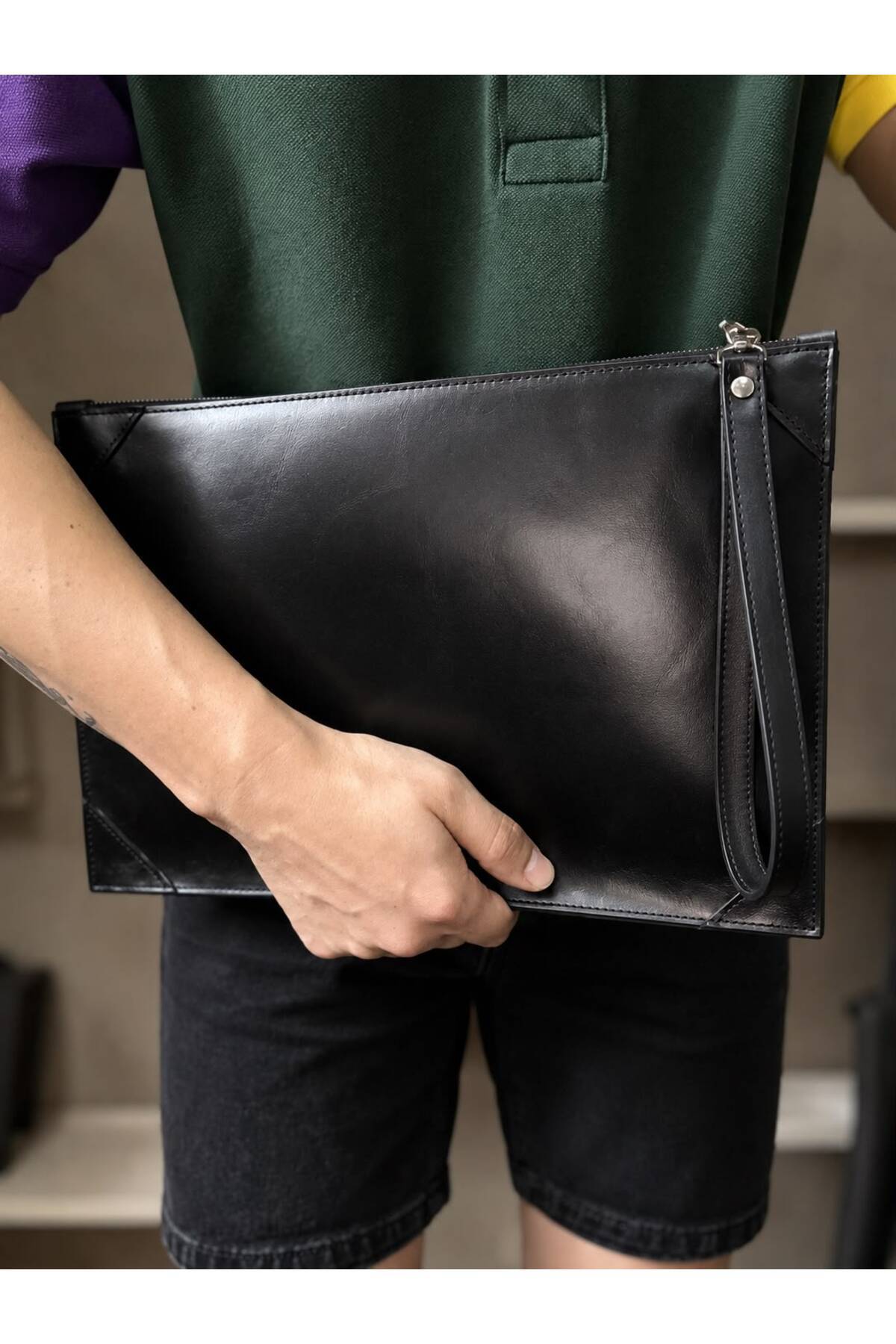 ÖzkanAccessory Noctra Siyah Deri Clutch, Kartlıklı, Telefon Bölmeli, Fermuarlı İç Cepli Unisex El Çantası görsel 6